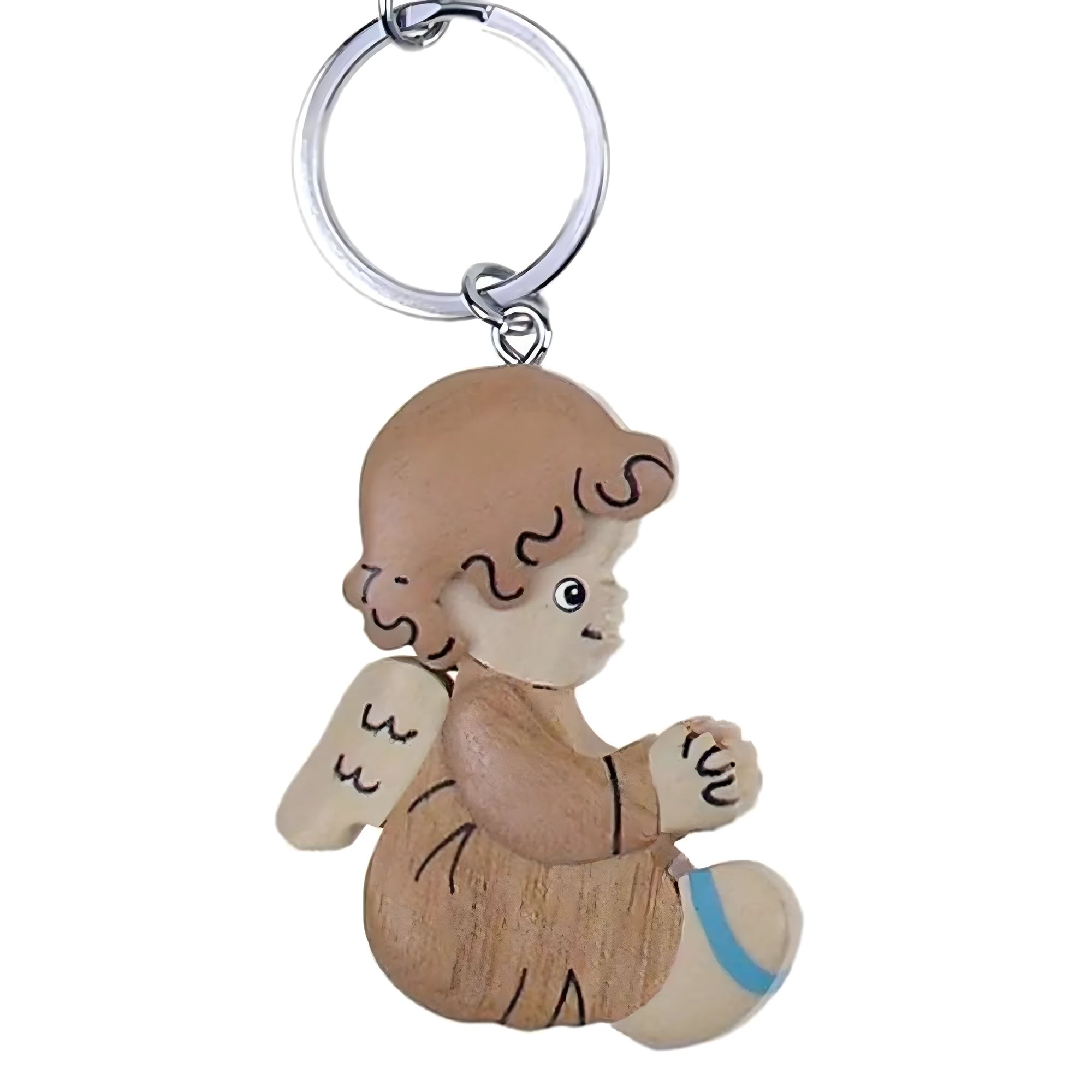 Guardian Angel Keychain Stylized Hand-Carved Wood Val Gardena