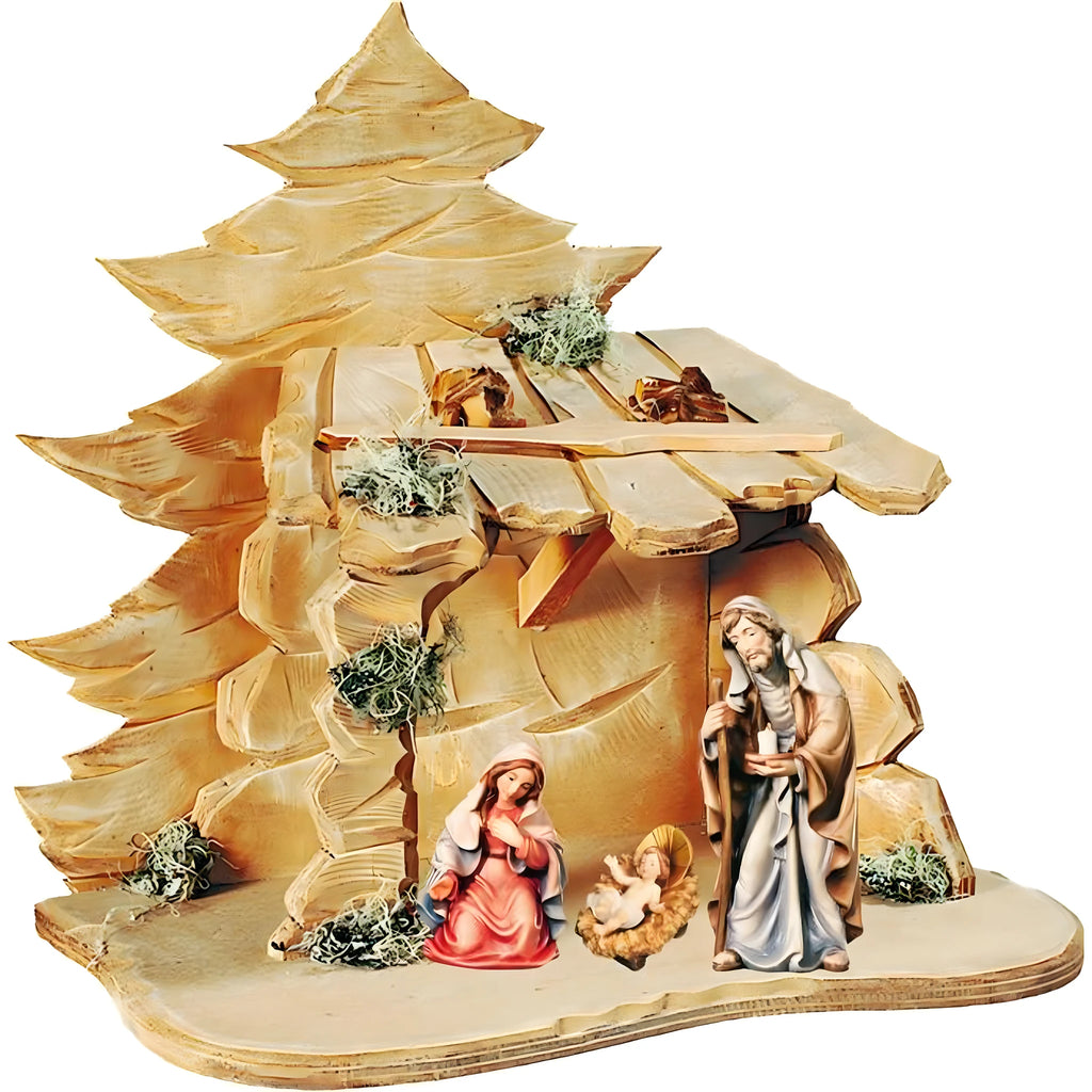 Handmade Nativity Scene Holy Family with Rustic Wooden Stable from Val Gardena