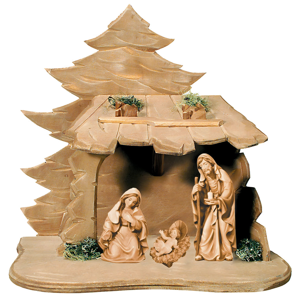 Handmade Nativity Scene Holy Family with Rustic Wooden Stable from Val Gardena