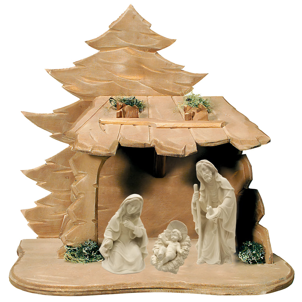 Handmade Nativity Scene Holy Family with Rustic Wooden Stable from Val Gardena