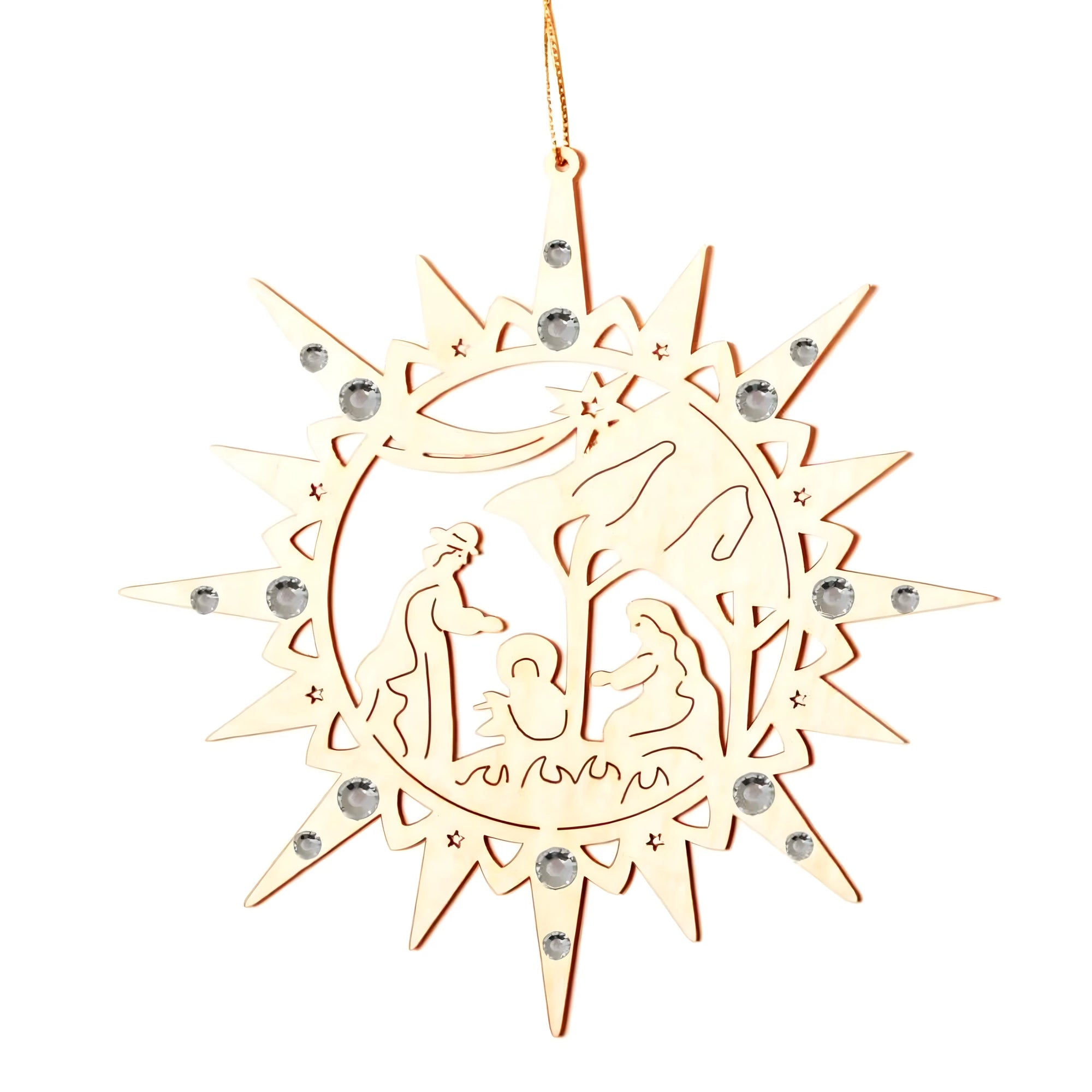 Stylized Nativity Scene in Star Made of Birch Plywood with Swarovski Crystals