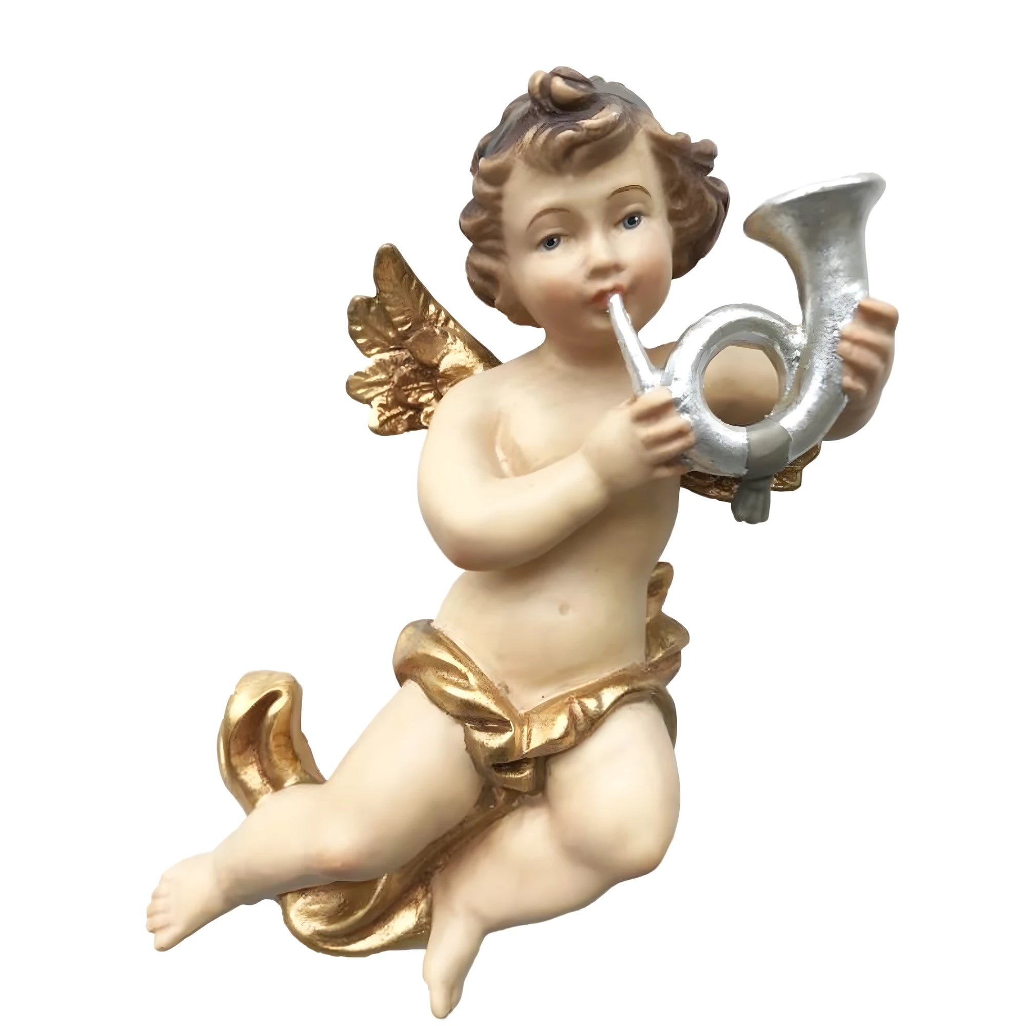 Winged Cherub Musician with Horn | Flying Angel Wooden Sculpture
