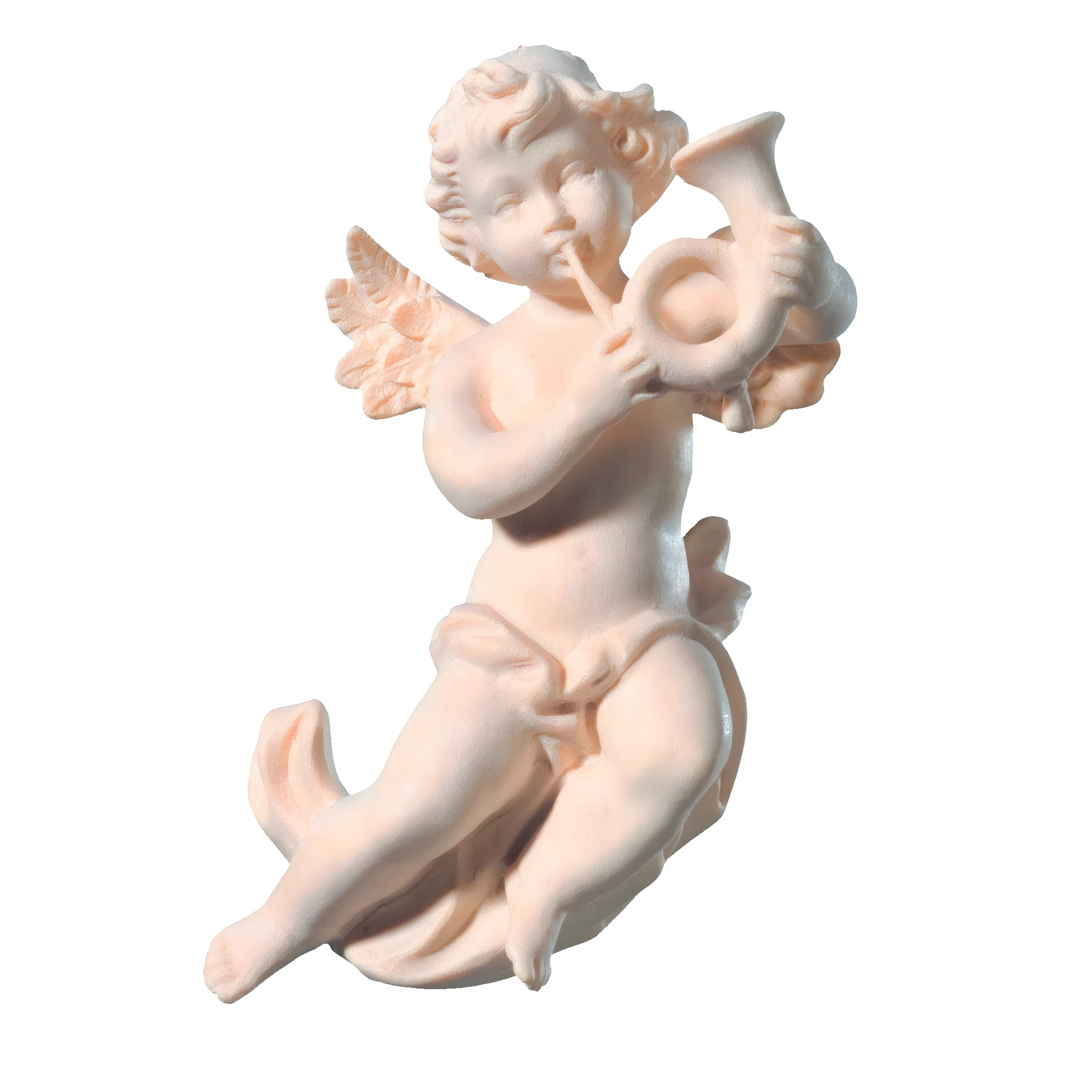 Winged Cherub Musician with Horn | Flying Angel Wooden Sculpture
