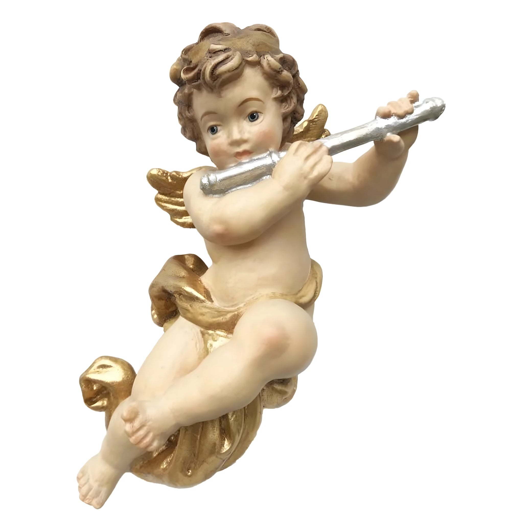 Winged Musician Putto with Flute | Val Gardena Handcrafted Wood Carving