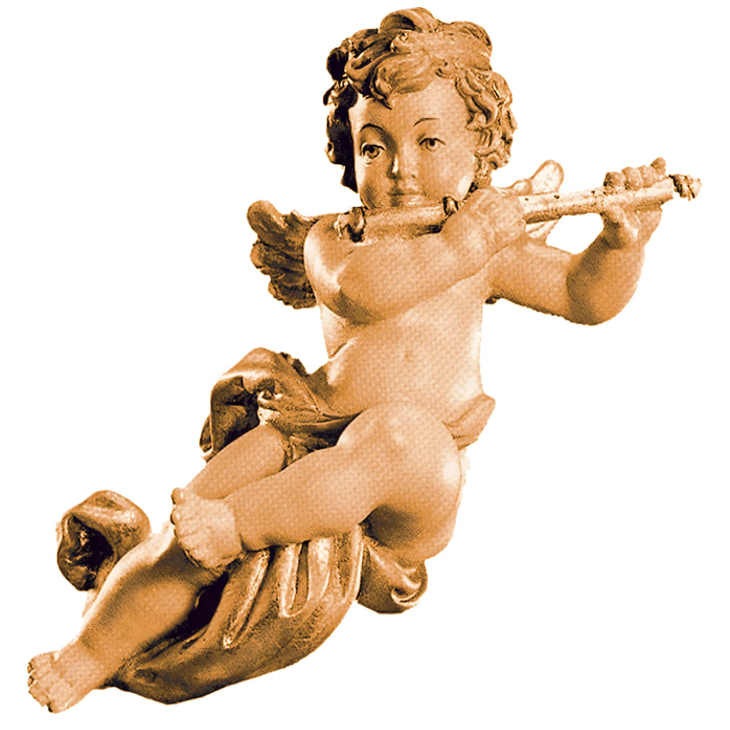 Putto Alato Musicista con Flauto | Scultura in Legno Artigianale Val Gardena