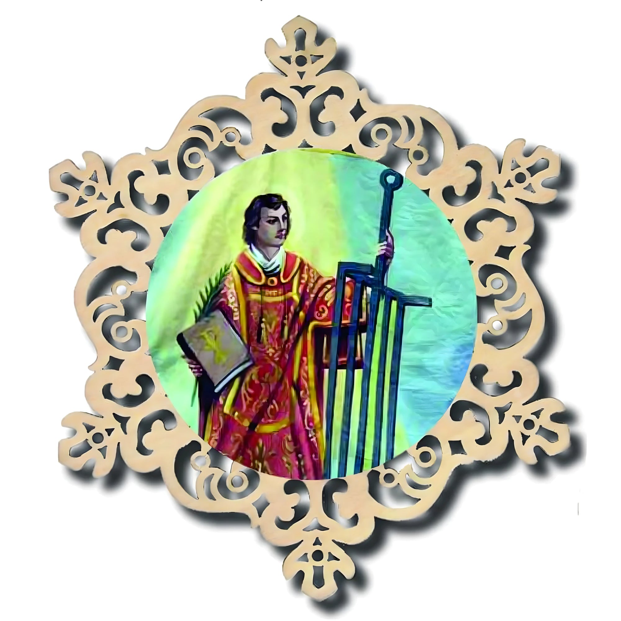 Religious Carved Panel with Martyr Icon and Sword