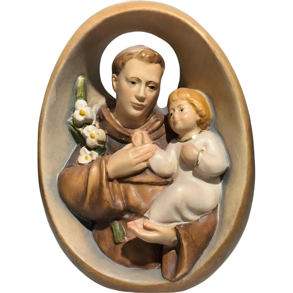 Relieve Sagrado Ovalado de Madera San Antonio y Niño Jesús Val Gardena