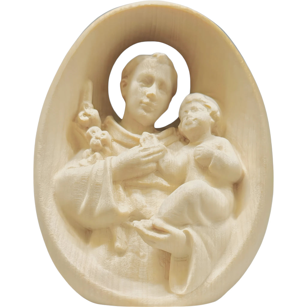 Relieve Sagrado Ovalado de Madera San Antonio y Niño Jesús Val Gardena