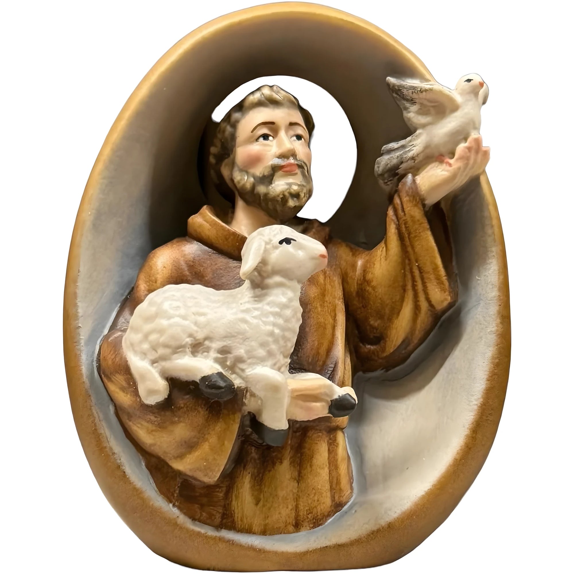 Rilievo da Parete in Legno San Francesco con Agnello e Colomba