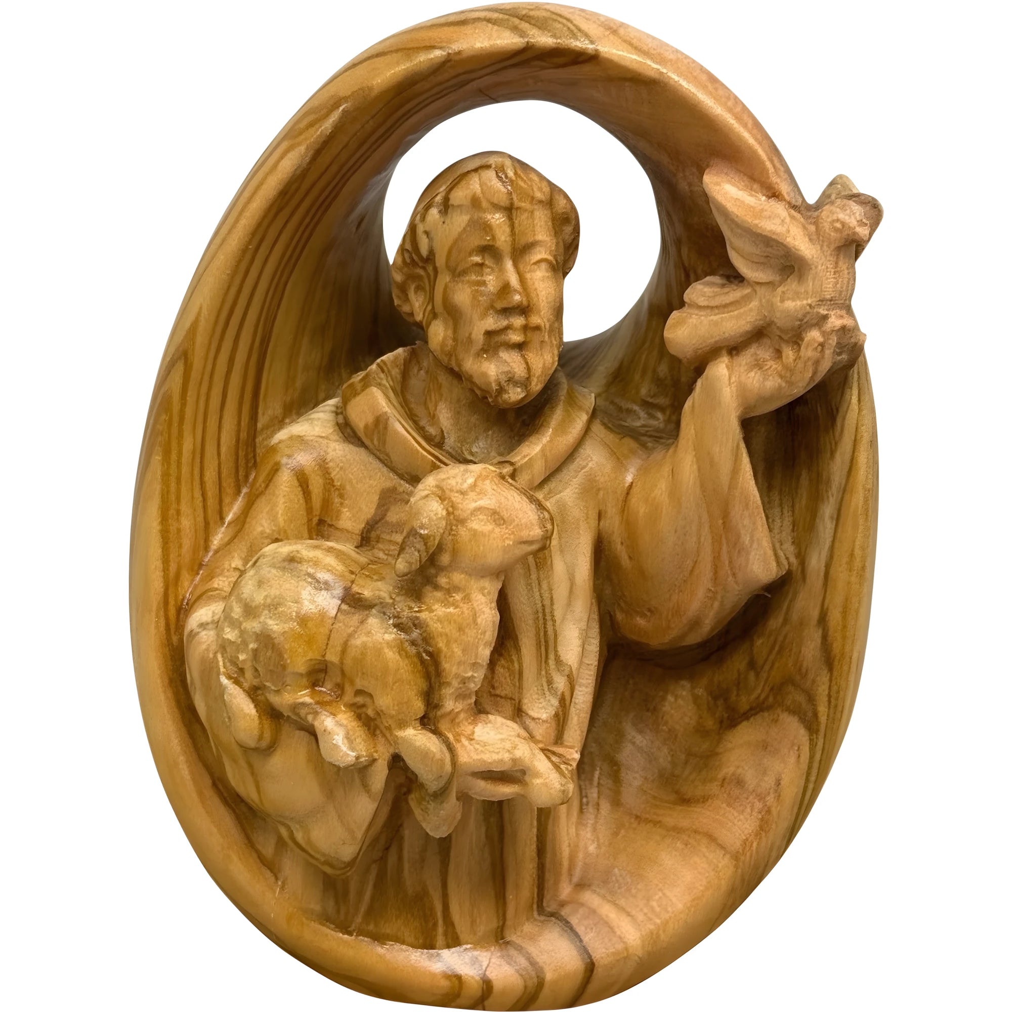 Rilievo da Parete in Legno San Francesco con Agnello e Colomba