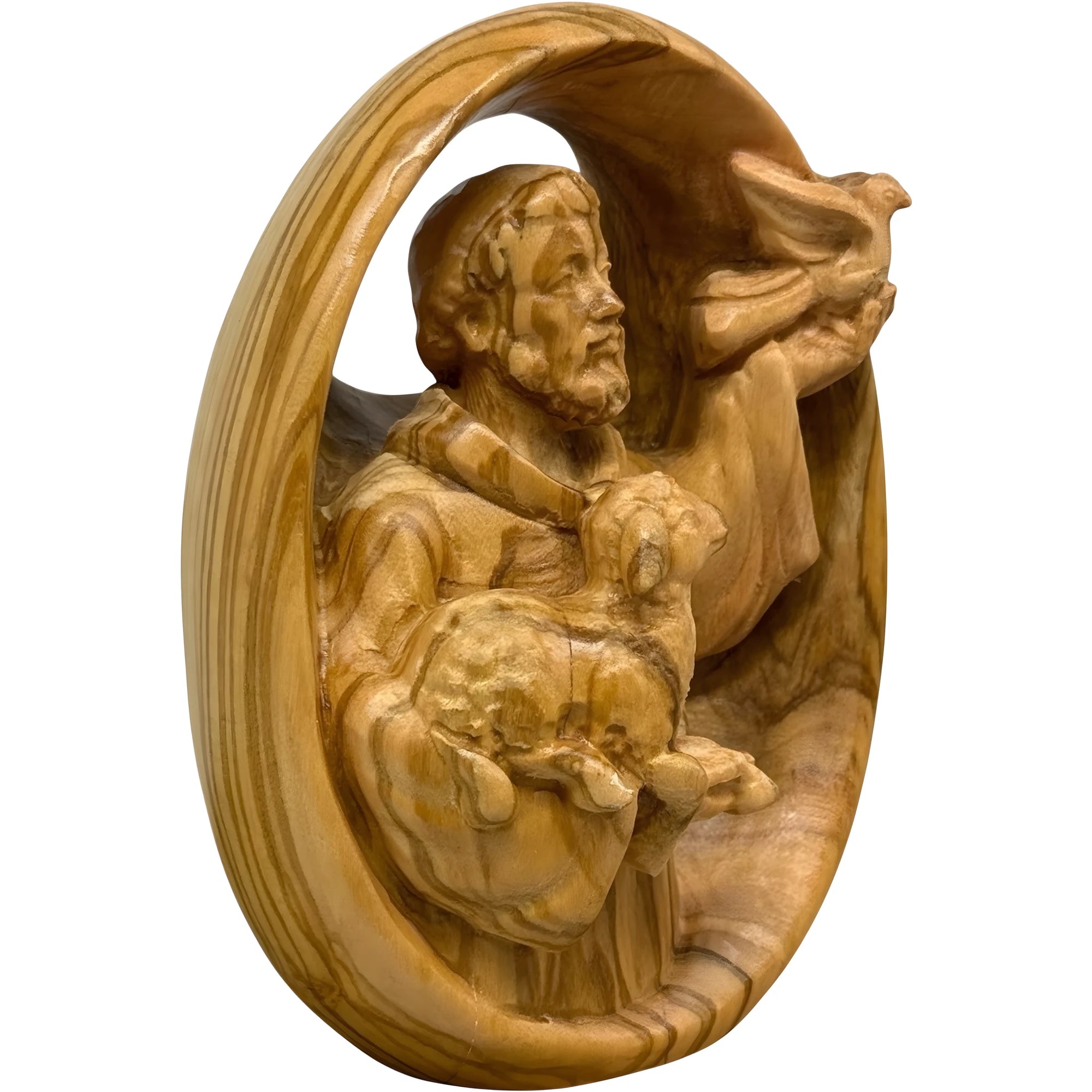 Rilievo da Parete in Legno San Francesco con Agnello e Colomba