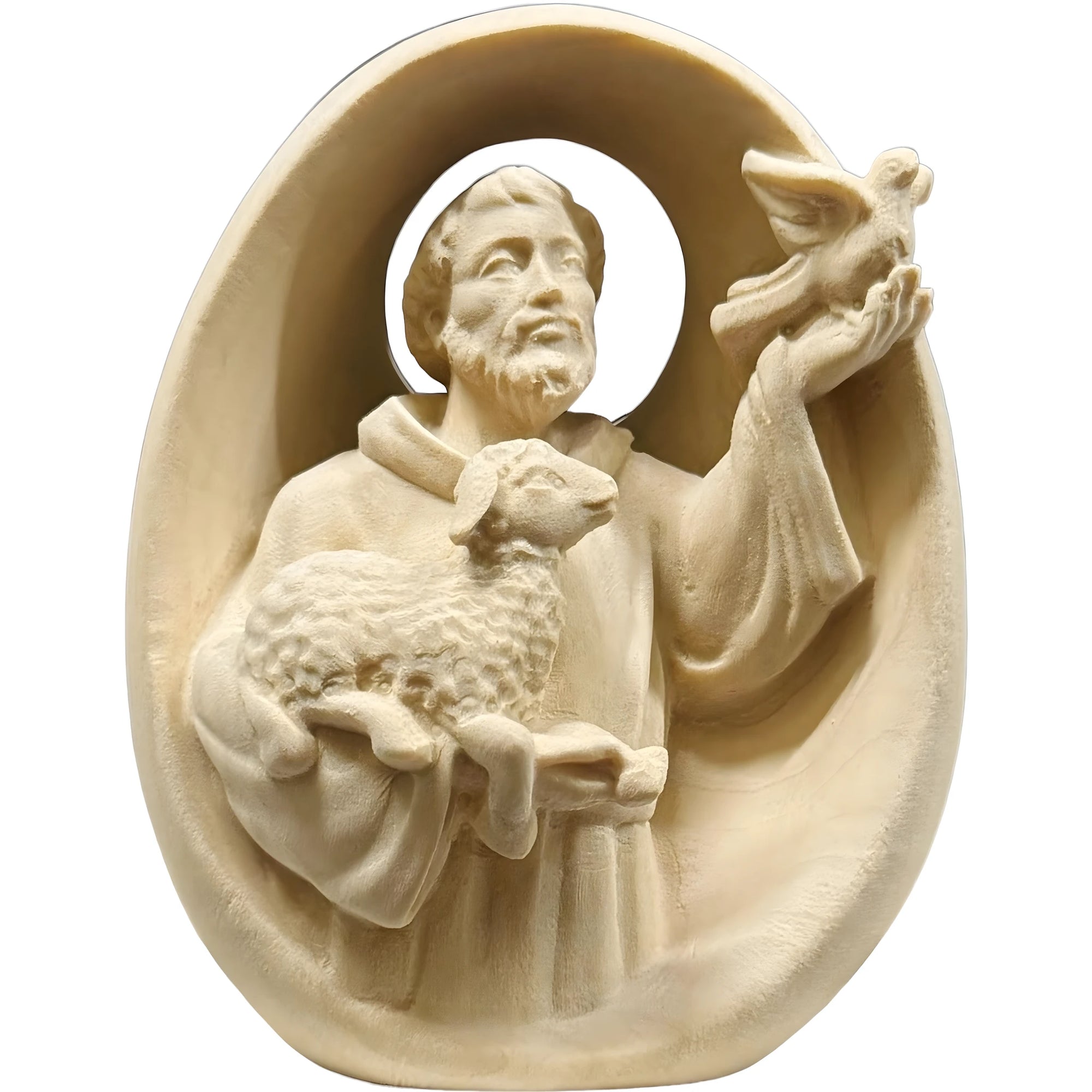 Rilievo da Parete in Legno San Francesco con Agnello e Colomba