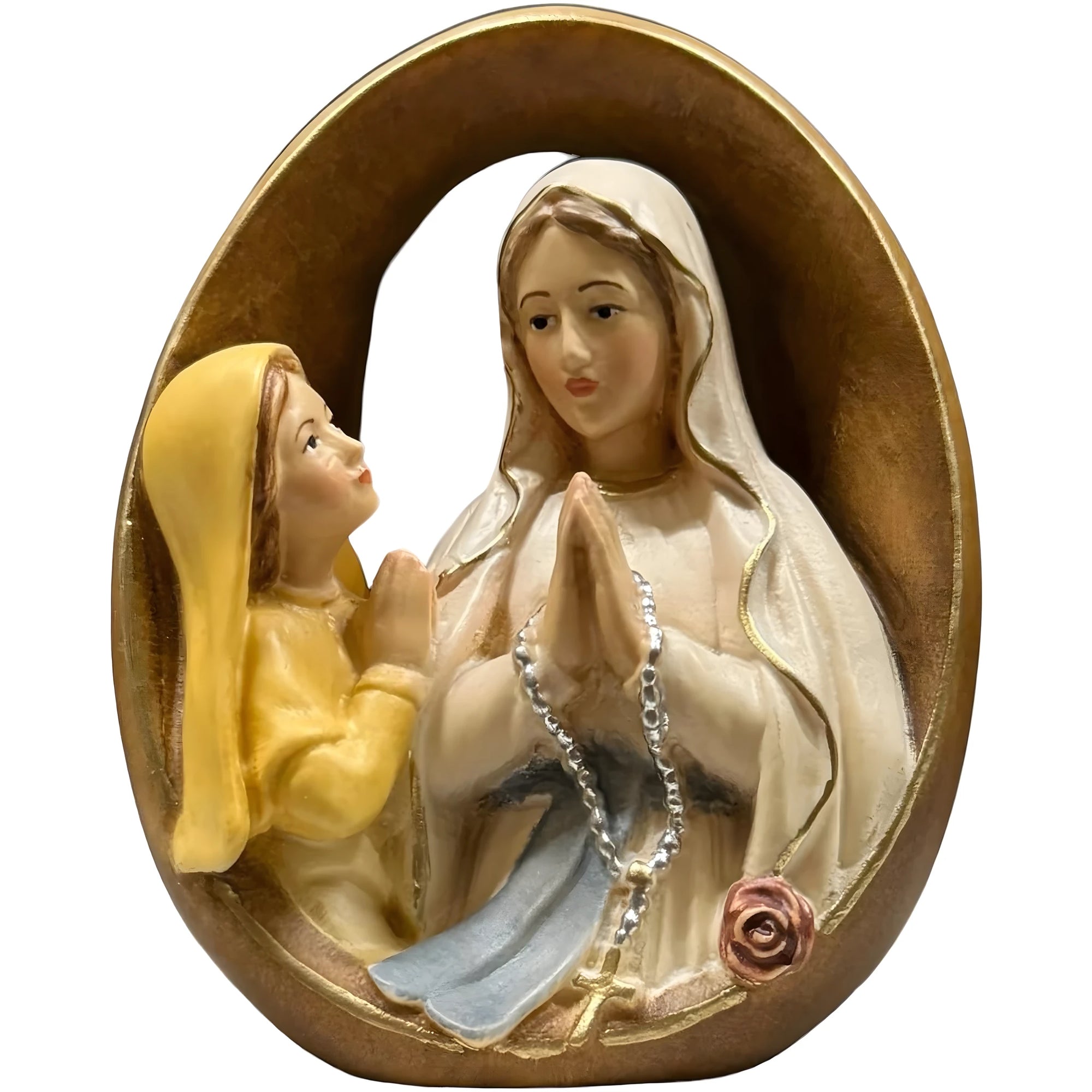 Rilievo in Legno della Madonna di Lourdes e Santa Bernadette, Scultura Val Gardena