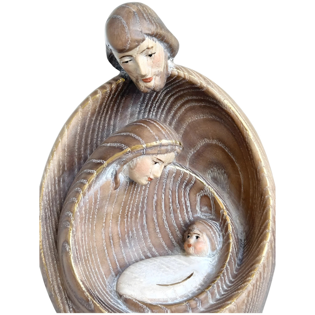 Stilisierte Heilige Familie aus Ahornholz – Moderne Krippenskulptur