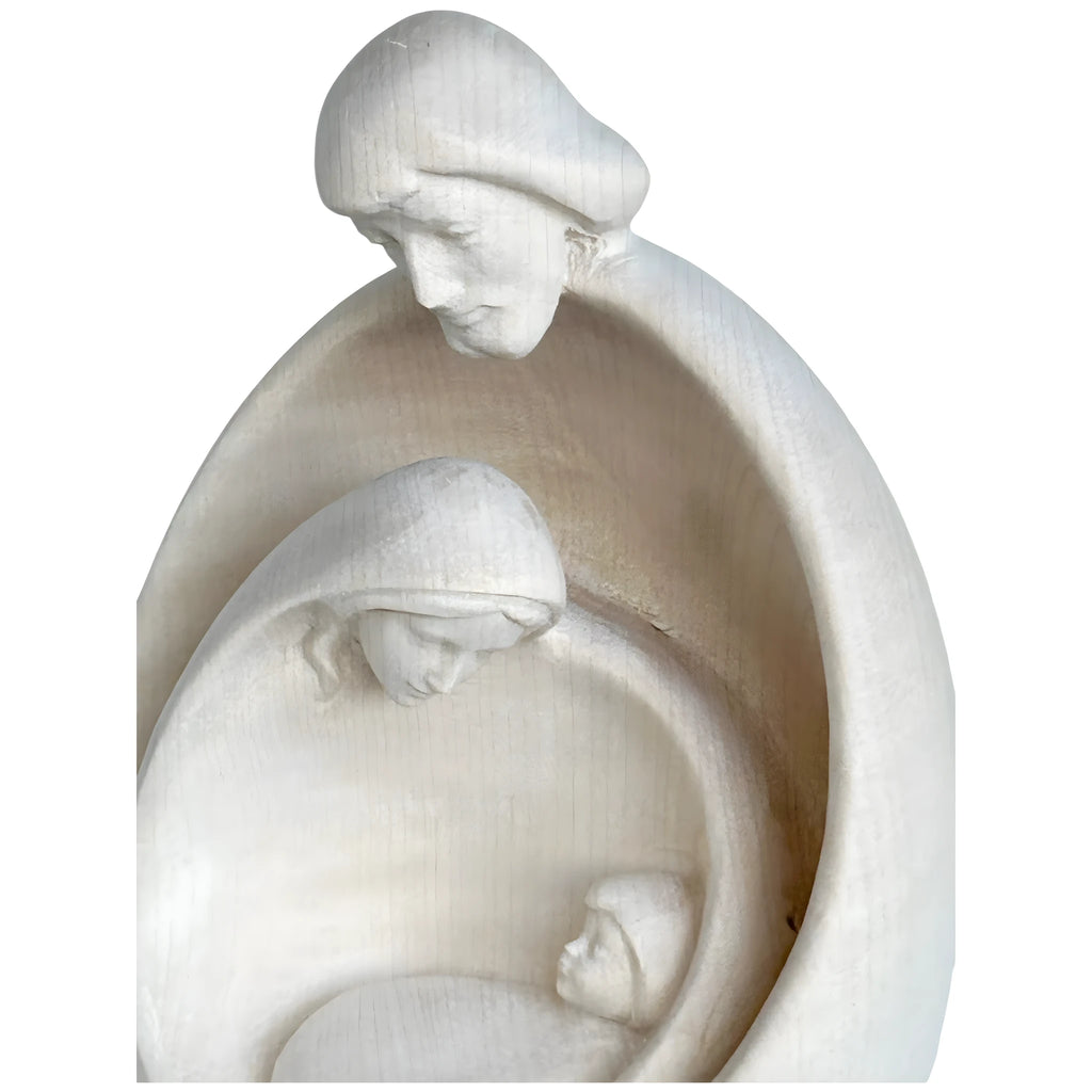 Stilisierte Heilige Familie aus Ahornholz – Moderne Krippenskulptur