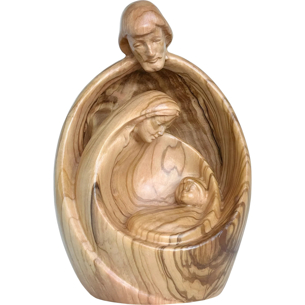 Stilisierte Heilige Familie aus Ahornholz – Moderne Krippenskulptur