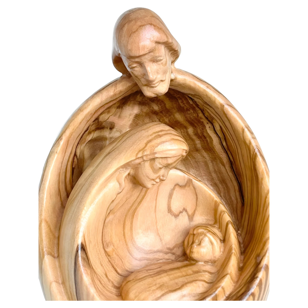 Stilisierte Heilige Familie aus Ahornholz – Moderne Krippenskulptur