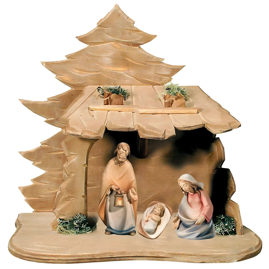 Holy Family with Wooden Stable Handmade for Nativity Scene