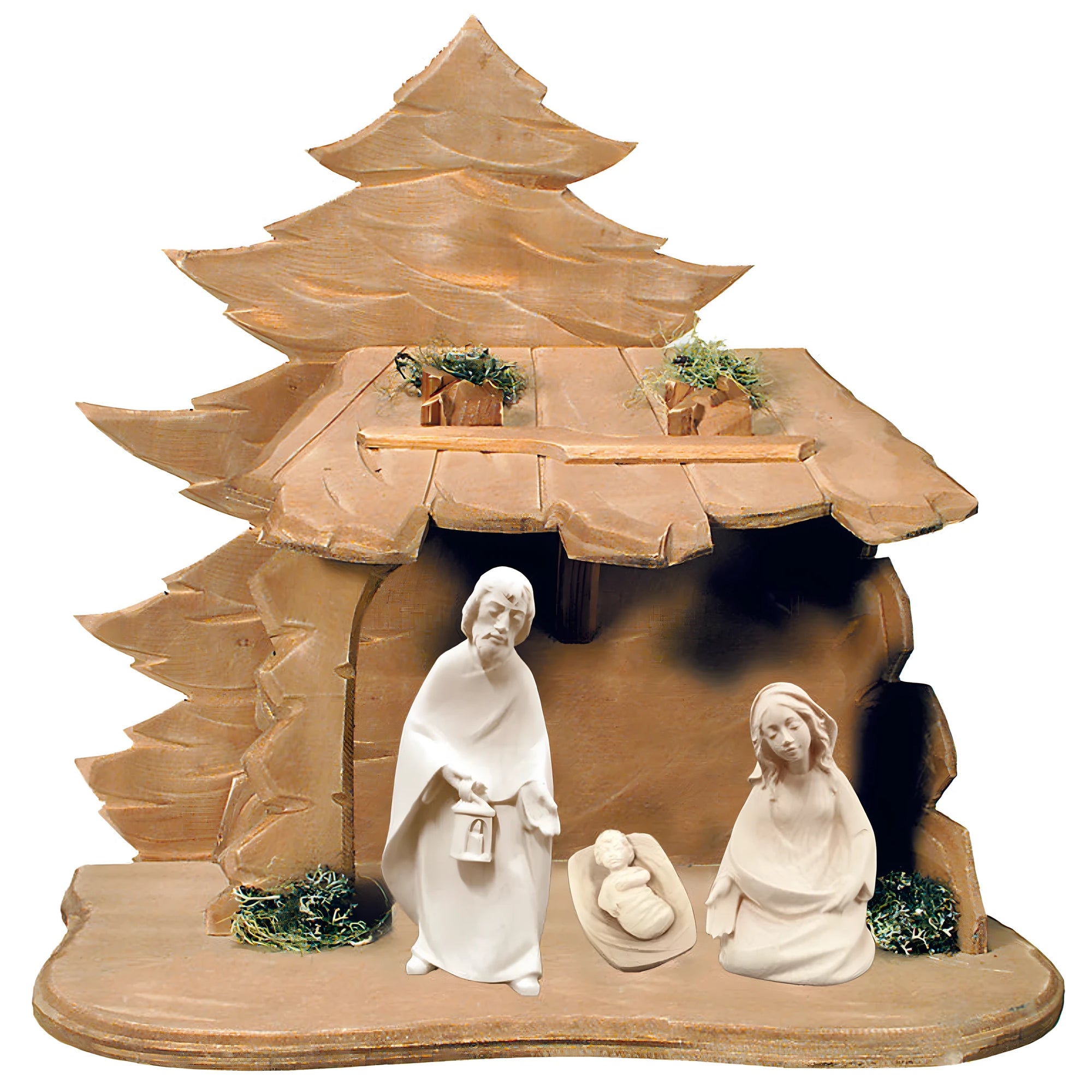 Holy Family with Wooden Stable Handmade for Nativity Scene