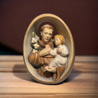 Relieve Sagrado Ovalado de Madera San Antonio y Niño Jesús Val Gardena