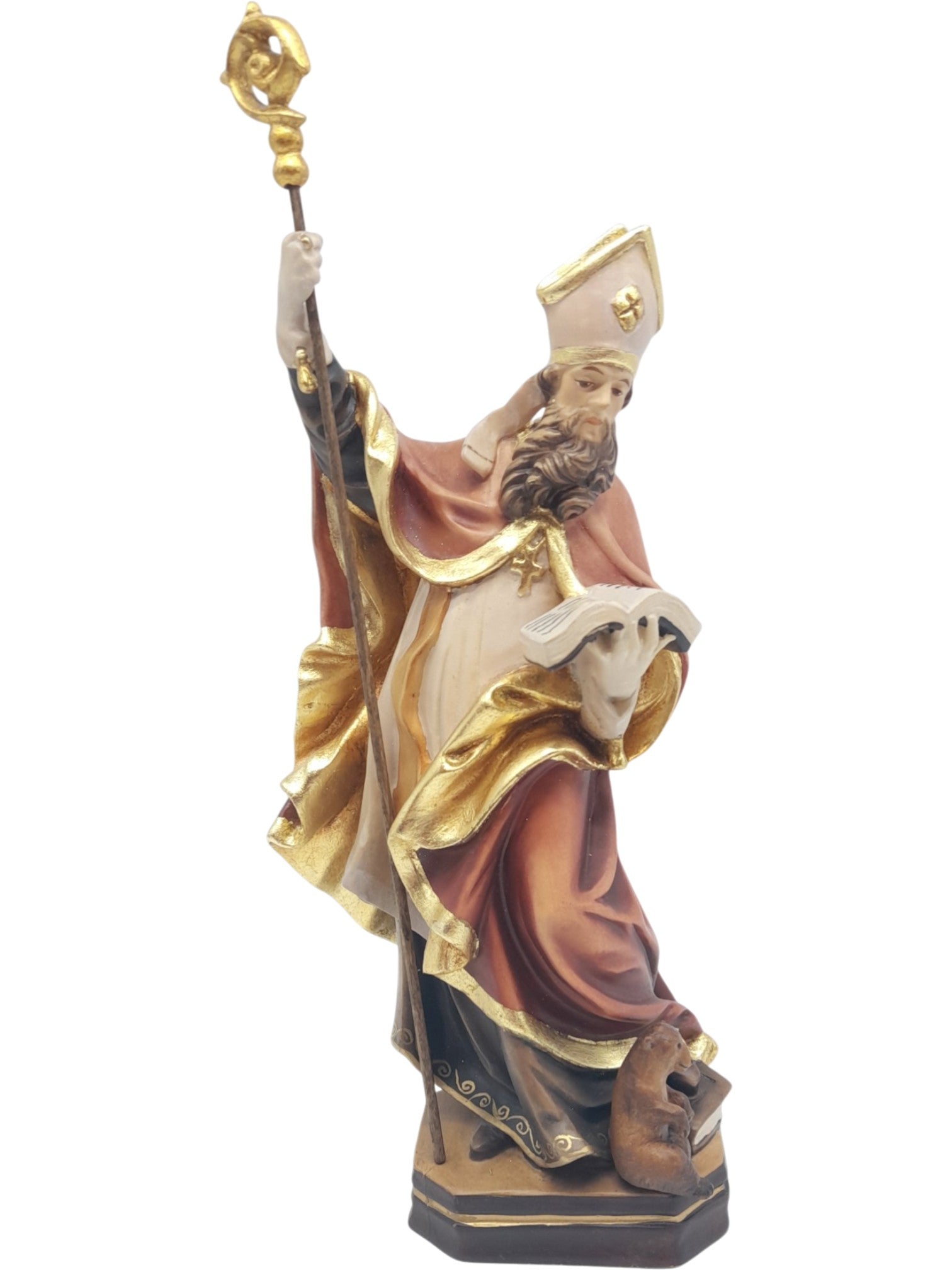 Escultura Policromada de Santo Bispo com Báculo e Livro, Escultura Val Gardena