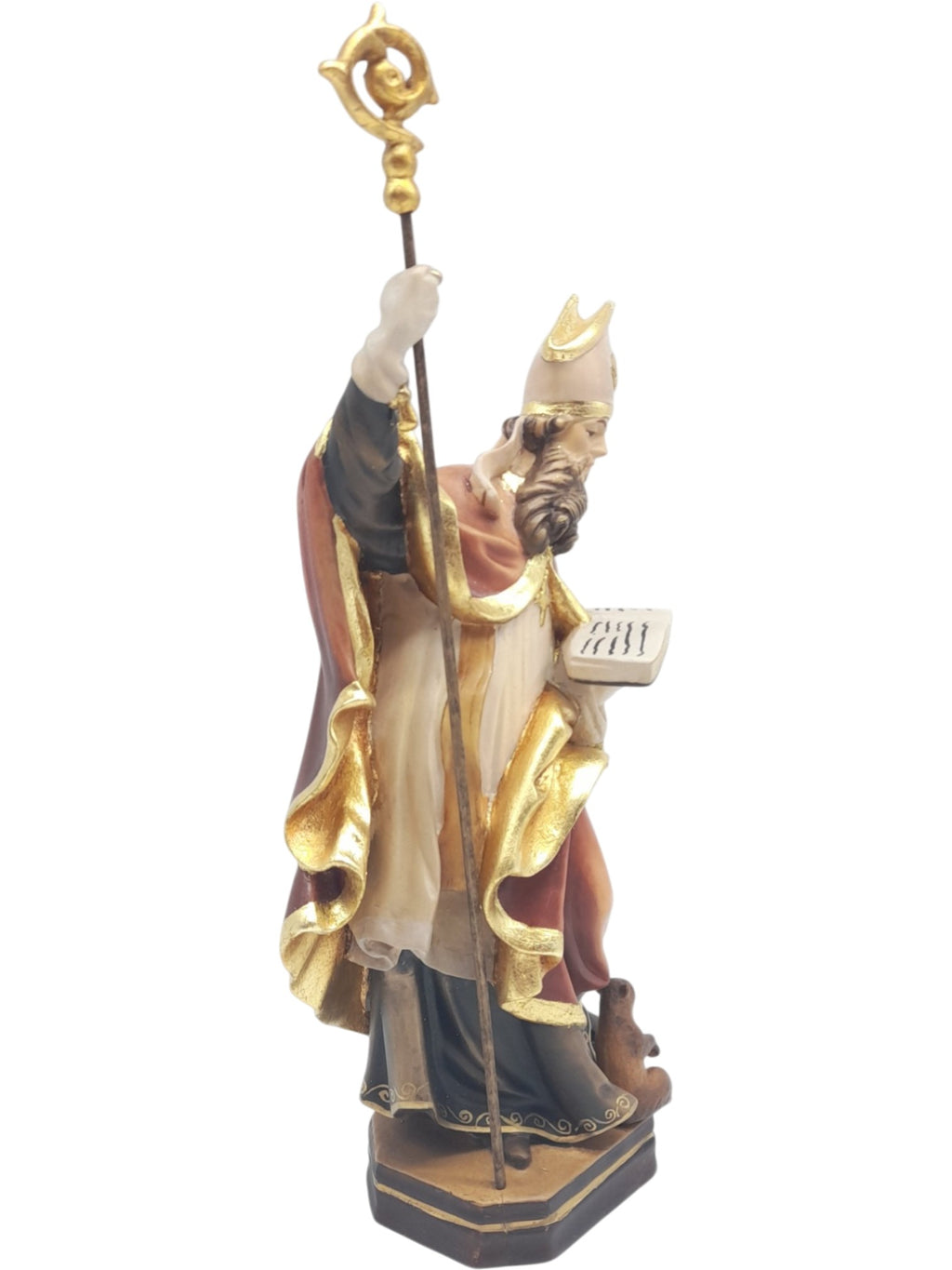 Polichromowana rzeźba Świętego Biskupa z pastorałem i księgą, rzeźba z Val Gardena