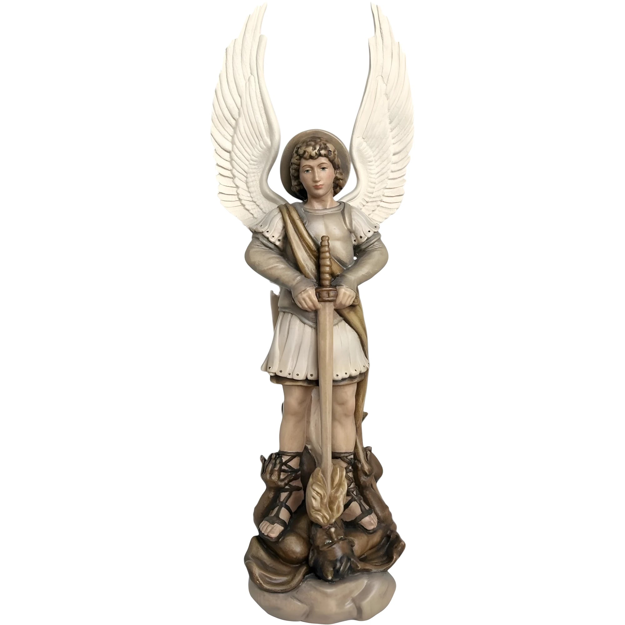 São Miguel Arcanjo com Espada e Diabo - Escultura Sagrada em Madeira do Val Gardena