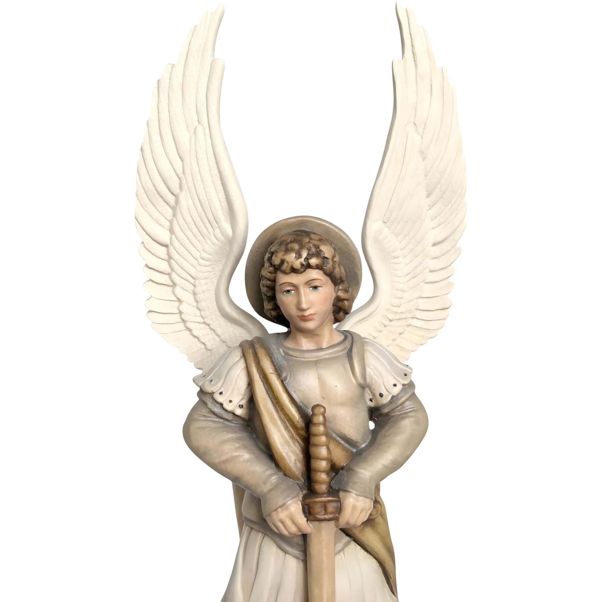 São Miguel Arcanjo com Espada e Diabo - Escultura Sagrada em Madeira do Val Gardena