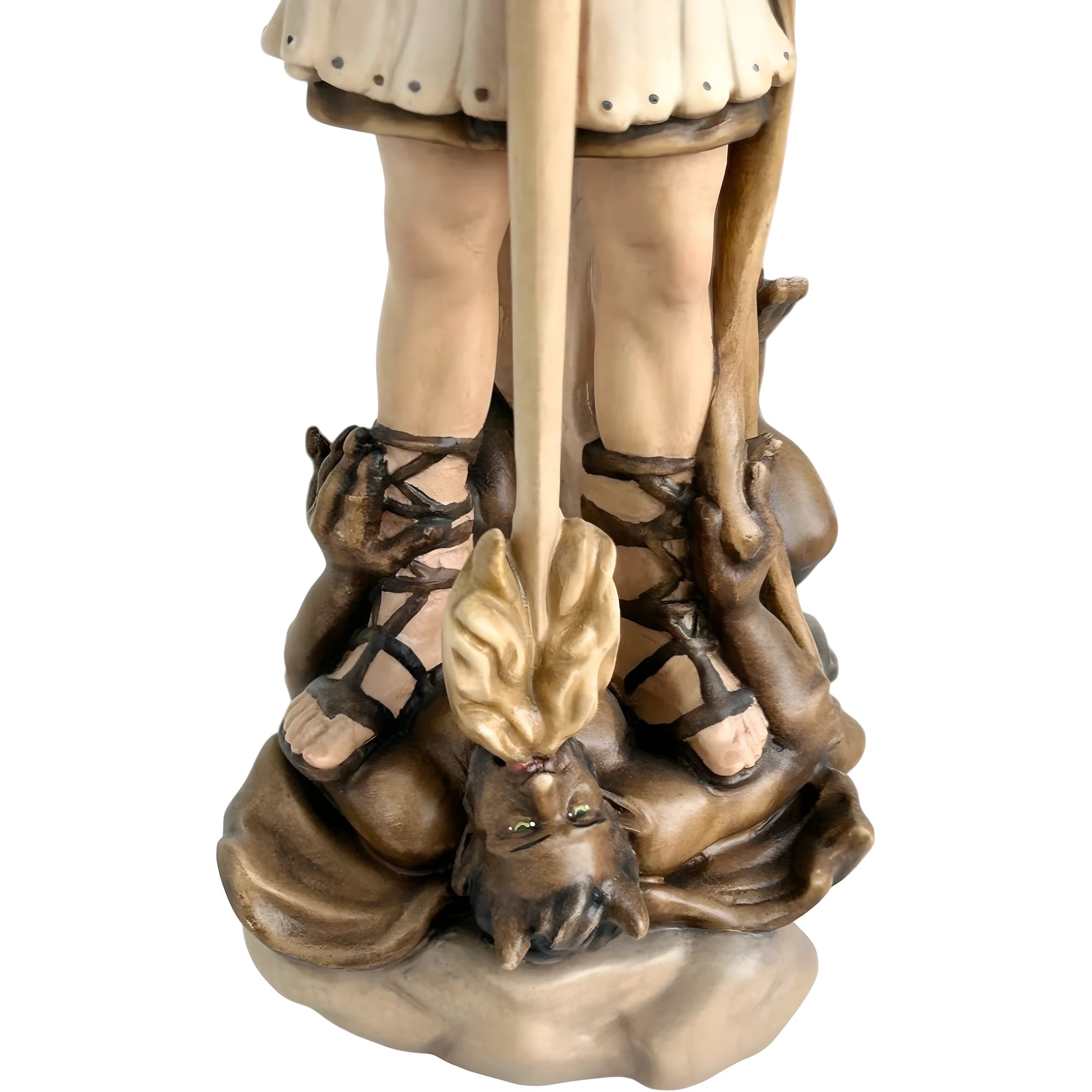 São Miguel Arcanjo com Espada e Diabo - Escultura Sagrada em Madeira do Val Gardena