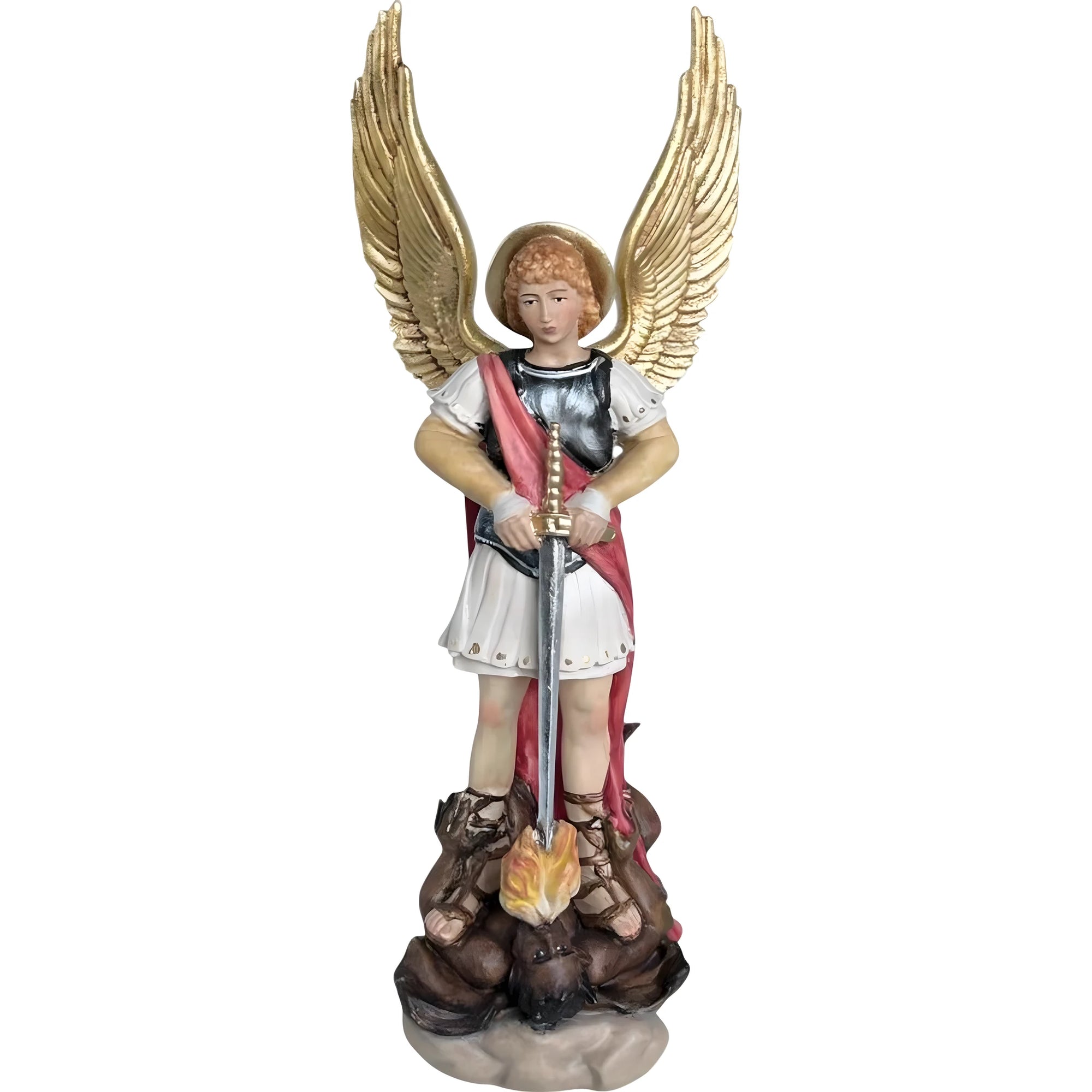 São Miguel Arcanjo com Espada e Diabo - Escultura Sagrada em Madeira do Val Gardena