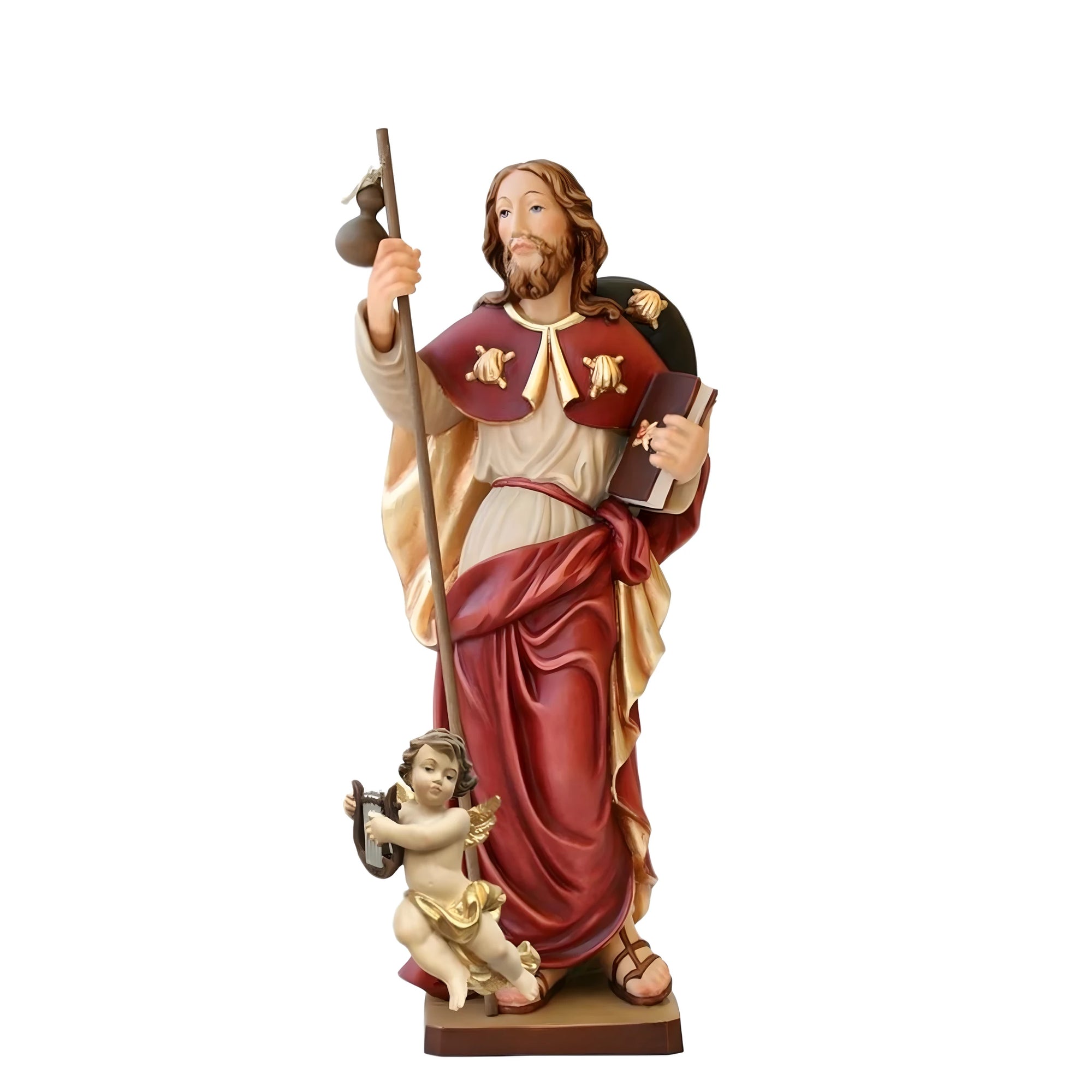 Św. Roch Pielgrzym z Amorkiem i Symbolami | Drewniana Polichromowana Figura z Val Gardeny
