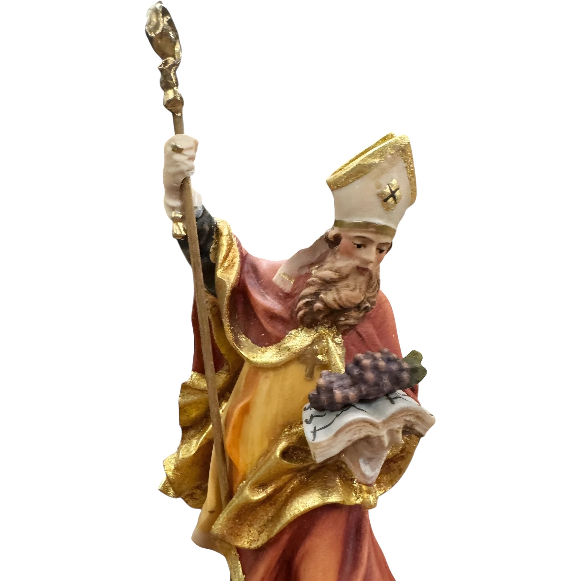São Urbano Bispo com Uvas em Madeira | Estátua Artesanal Val Gardena