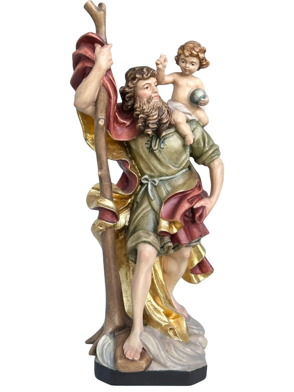 San Cristoforo con Gesù Bambino statua legno acero colorata a olio Val Gardena - Dolfi