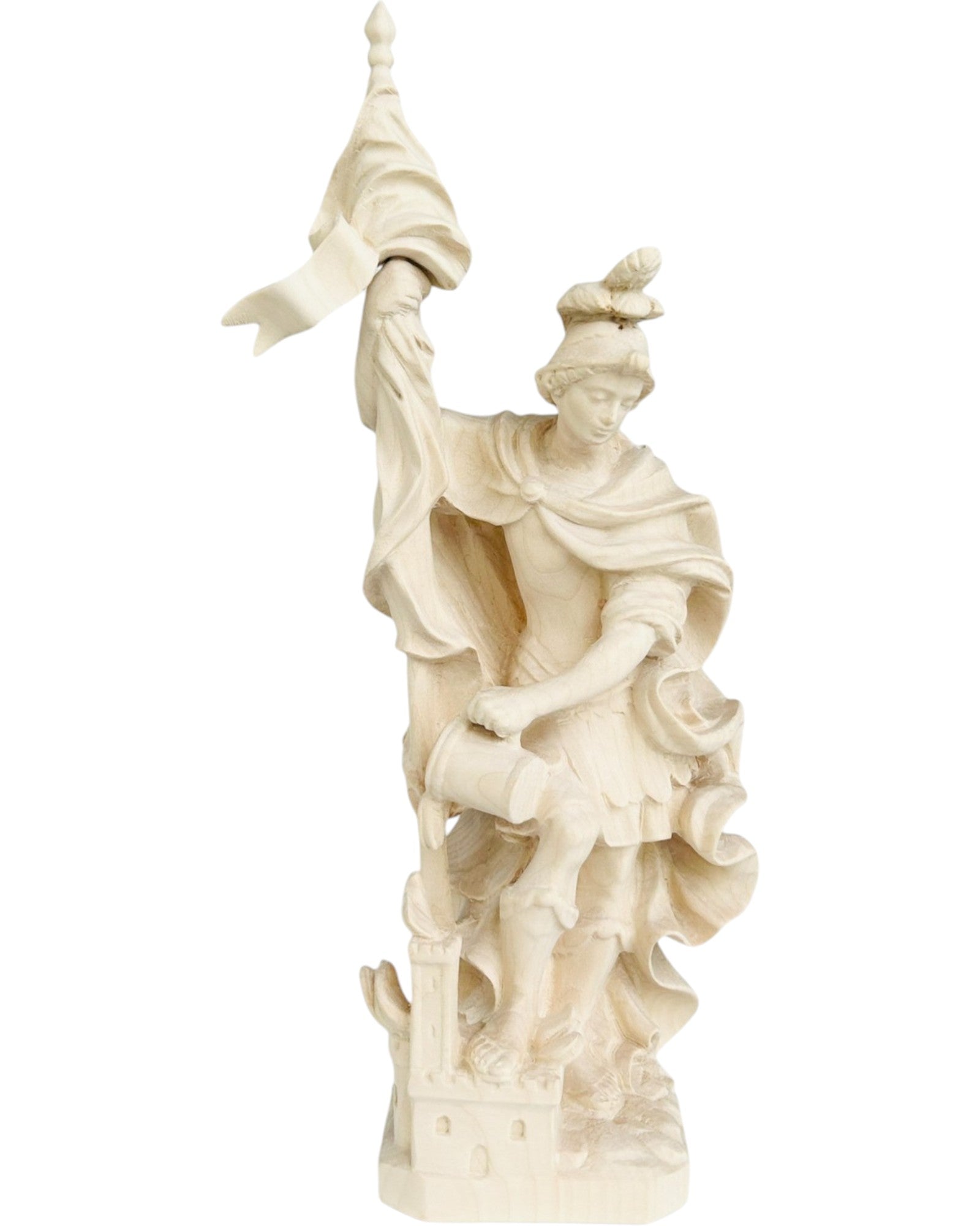 Skulptur des Heiligen Florian, Schutzpatron auf brennender Burg – Holzschnitzerei Gröden