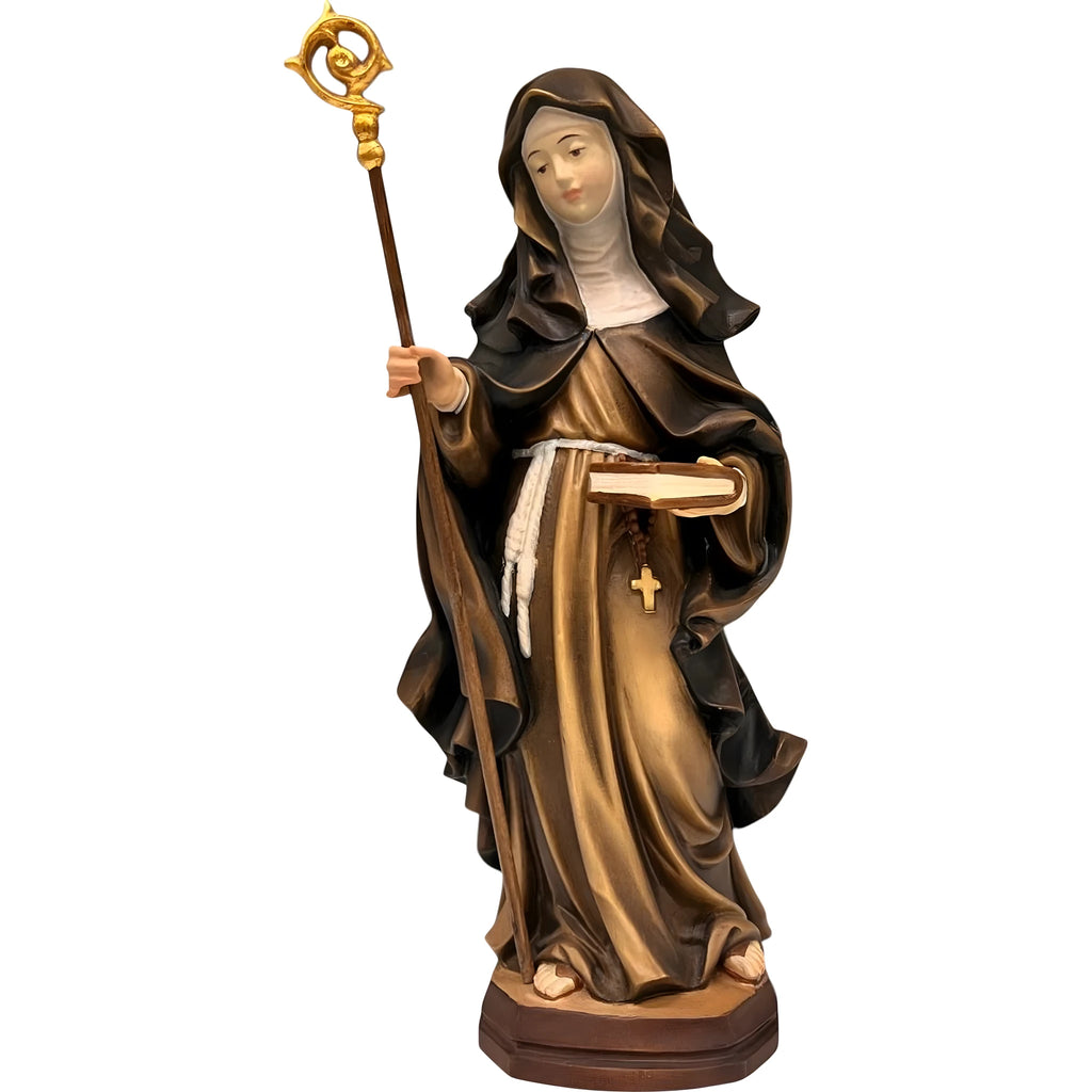 Santa Aldegonda di Maubeuge con Pastorale e Libro, Scultura in Legno Val Gardena
