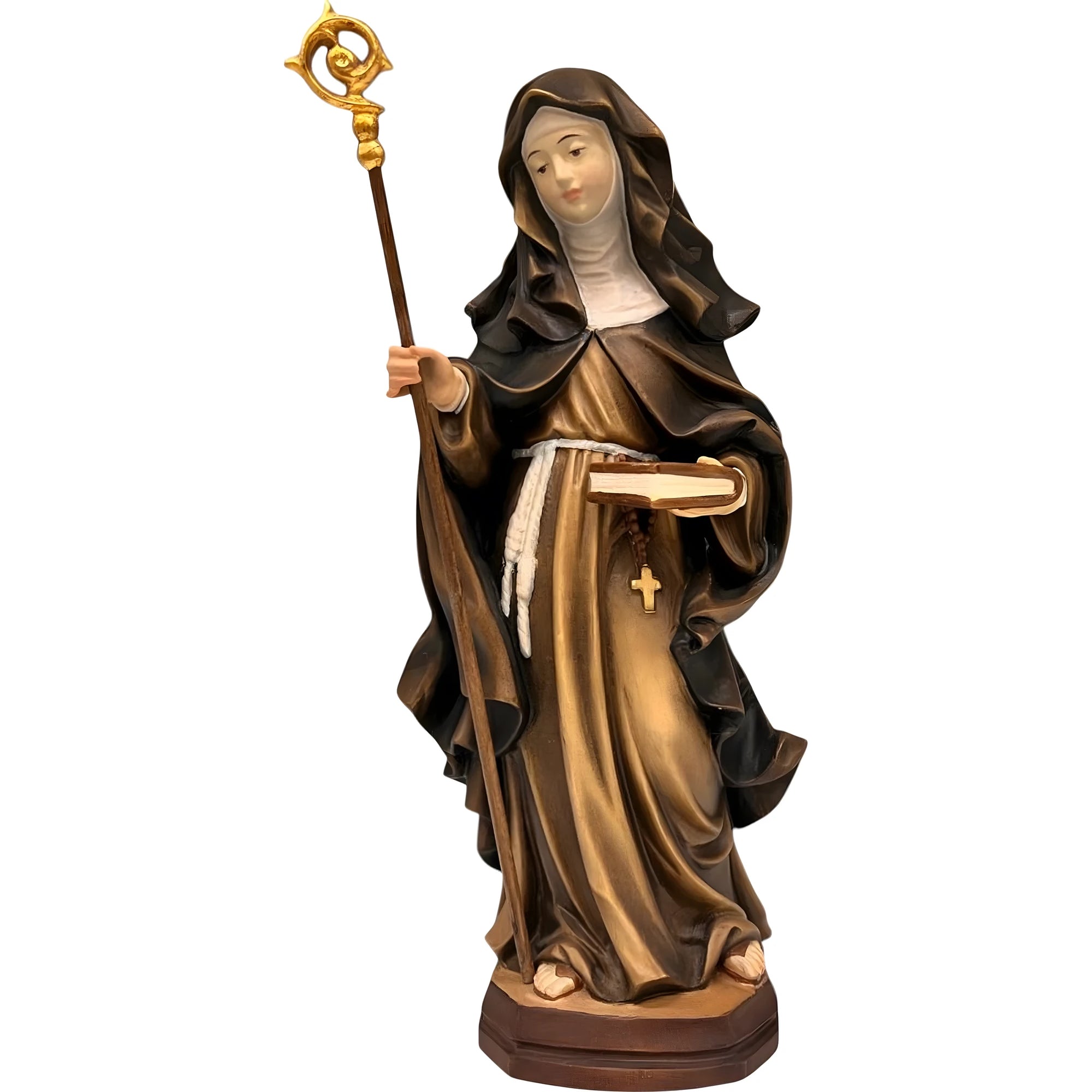 Saint Aldegundis of Maubeuge with Crozier and Book, Val Gardena Wood Carving