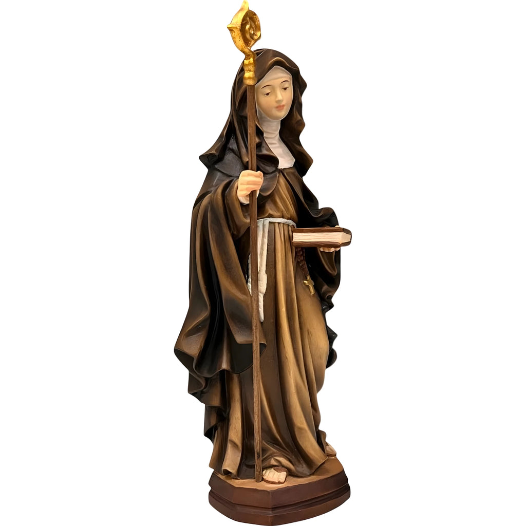 Santa Aldegonda di Maubeuge con Pastorale e Libro, Scultura in Legno Val Gardena