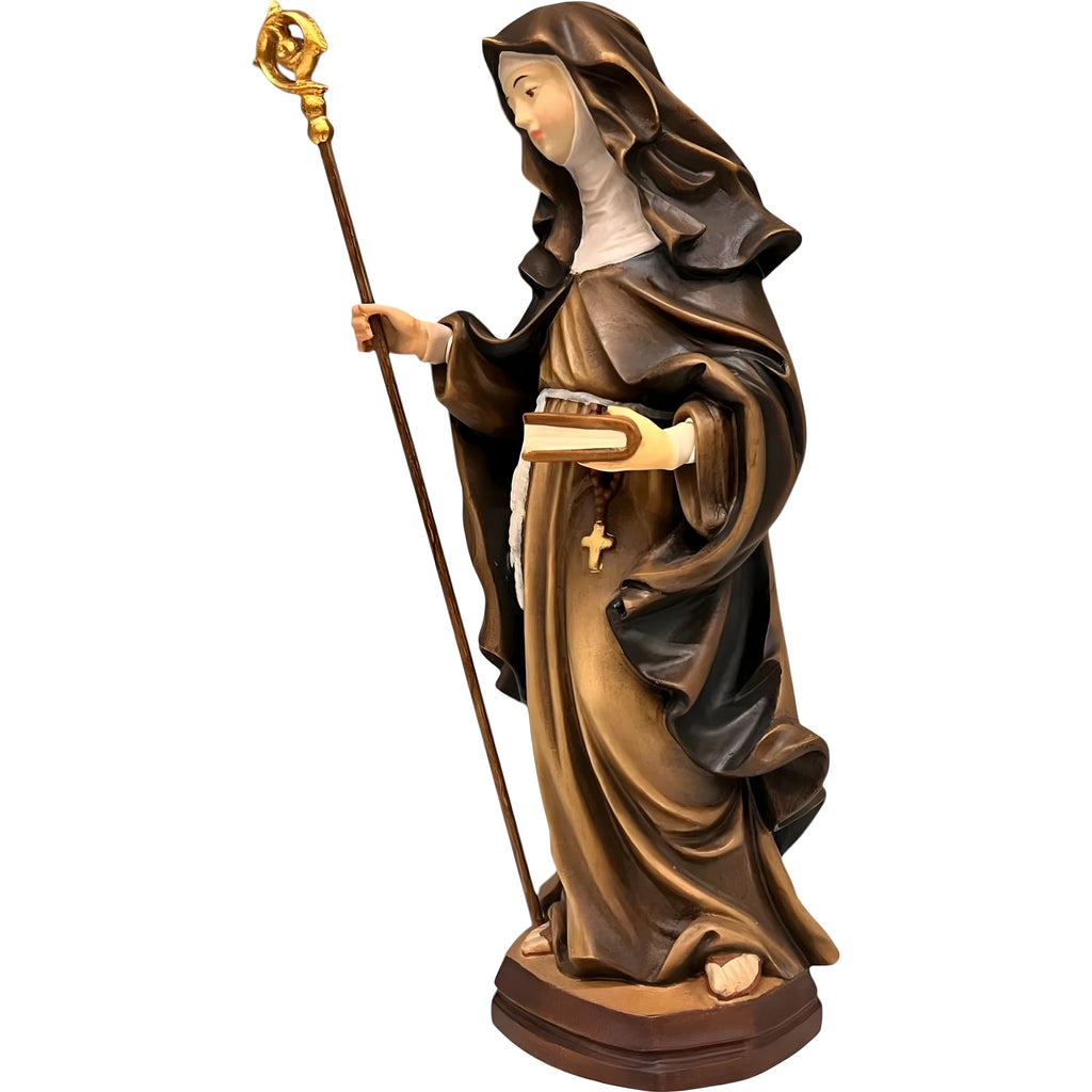 Santa Aldegonda di Maubeuge con Pastorale e Libro, Scultura in Legno Val Gardena