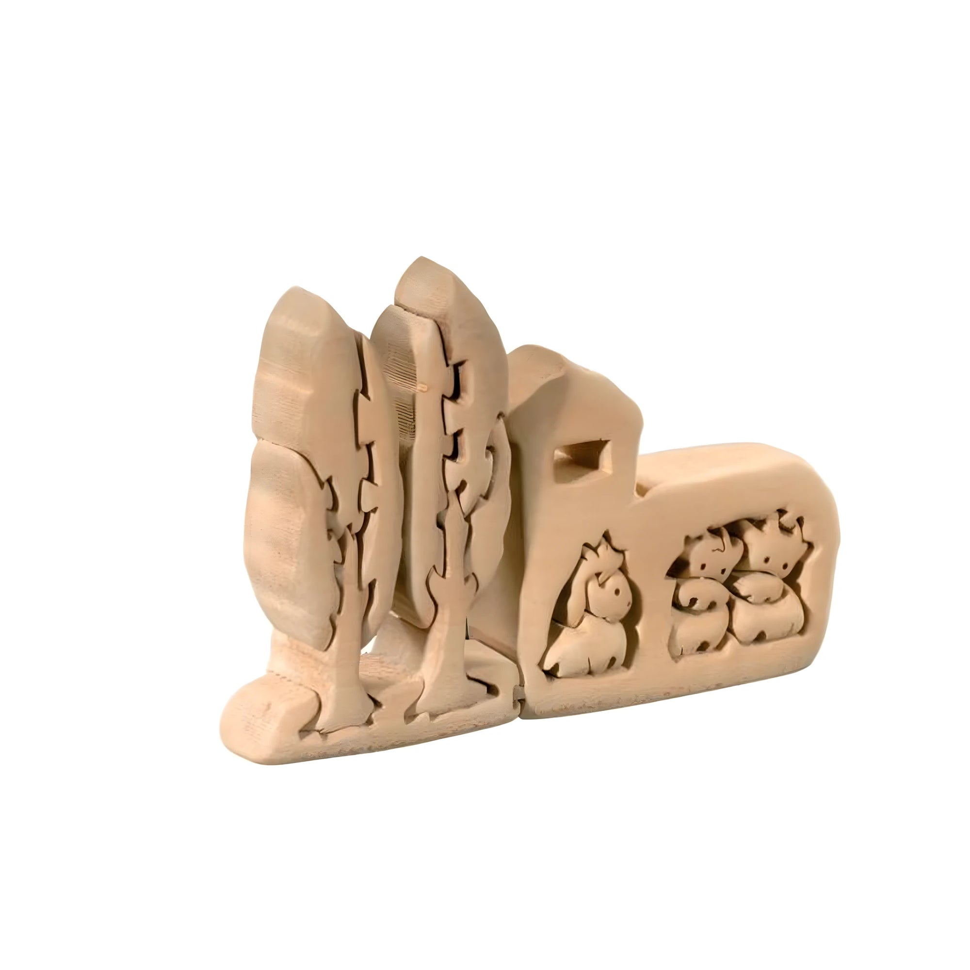3D Maple Wood Farm Scene – Stylized Puzzle Sculpture