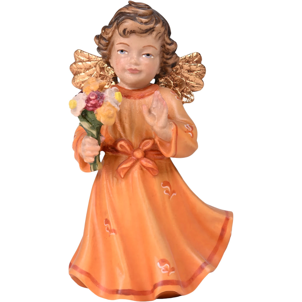 Scultura Angelo Bambino con Bouquet in Legno d'Acero Val Gardena