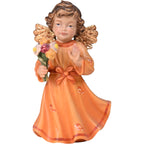 Scultura Angelo Bambino con Bouquet in Legno d'Acero Val Gardena