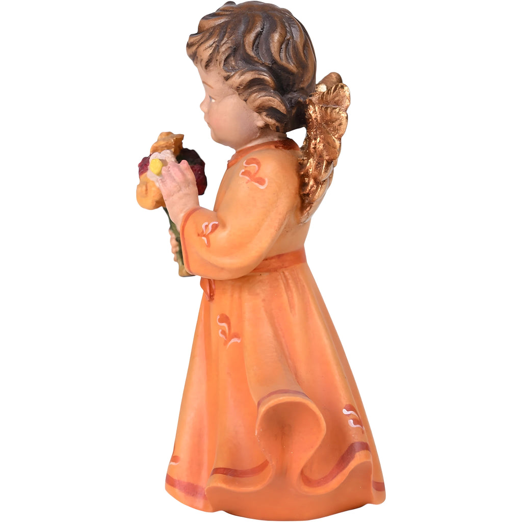 Scultura Angelo Bambino con Bouquet in Legno d'Acero Val Gardena