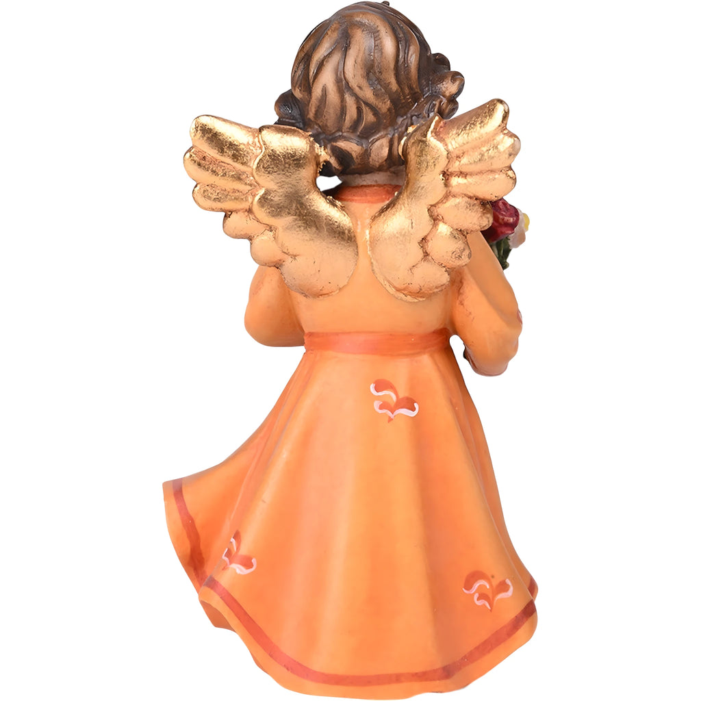 Scultura Angelo Bambino con Bouquet in Legno d'Acero Val Gardena