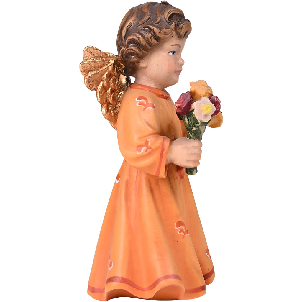 Scultura Angelo Bambino con Bouquet in Legno d'Acero Val Gardena