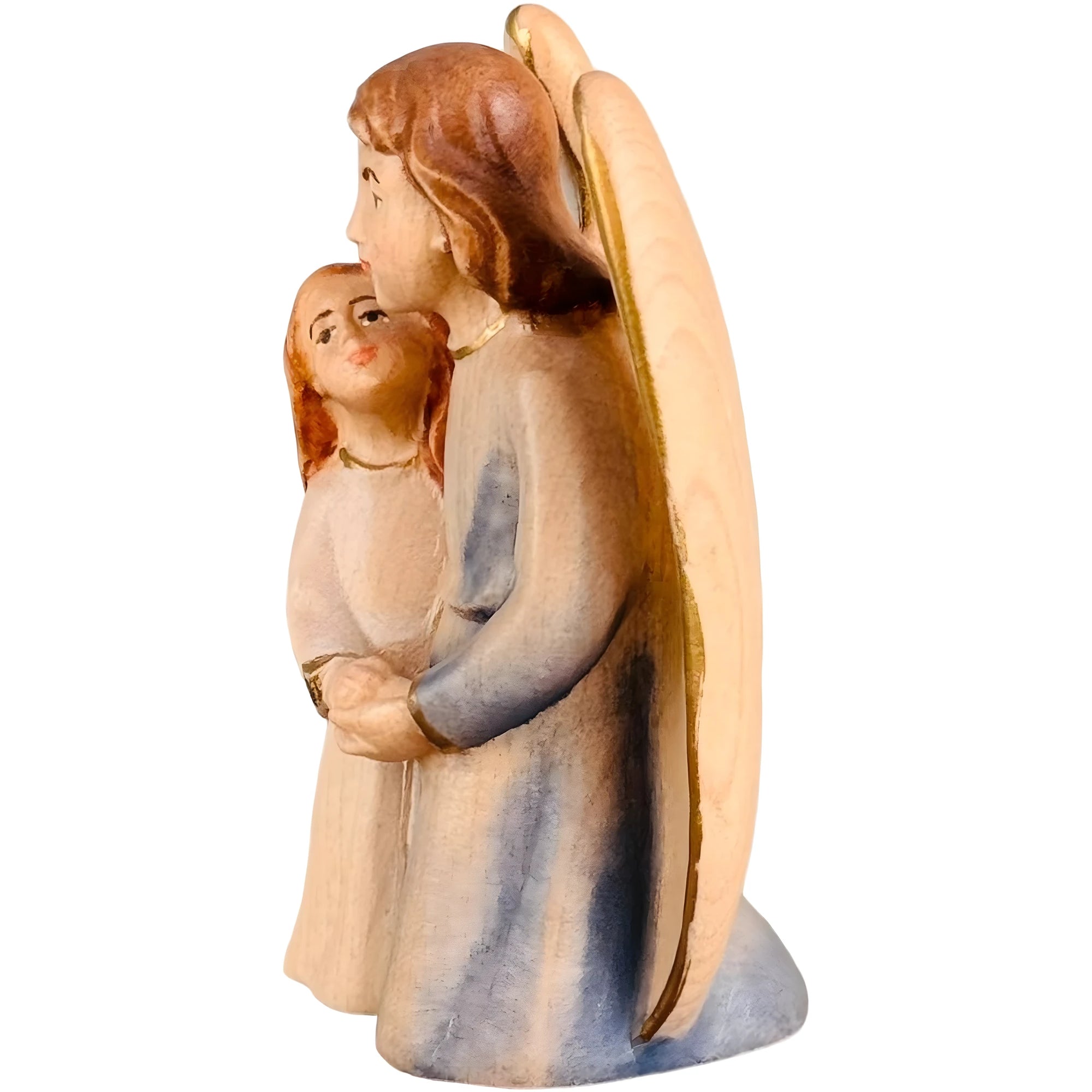 Scultura Angelo Custode con Bimba in Legno d'Acero della Val Gardena