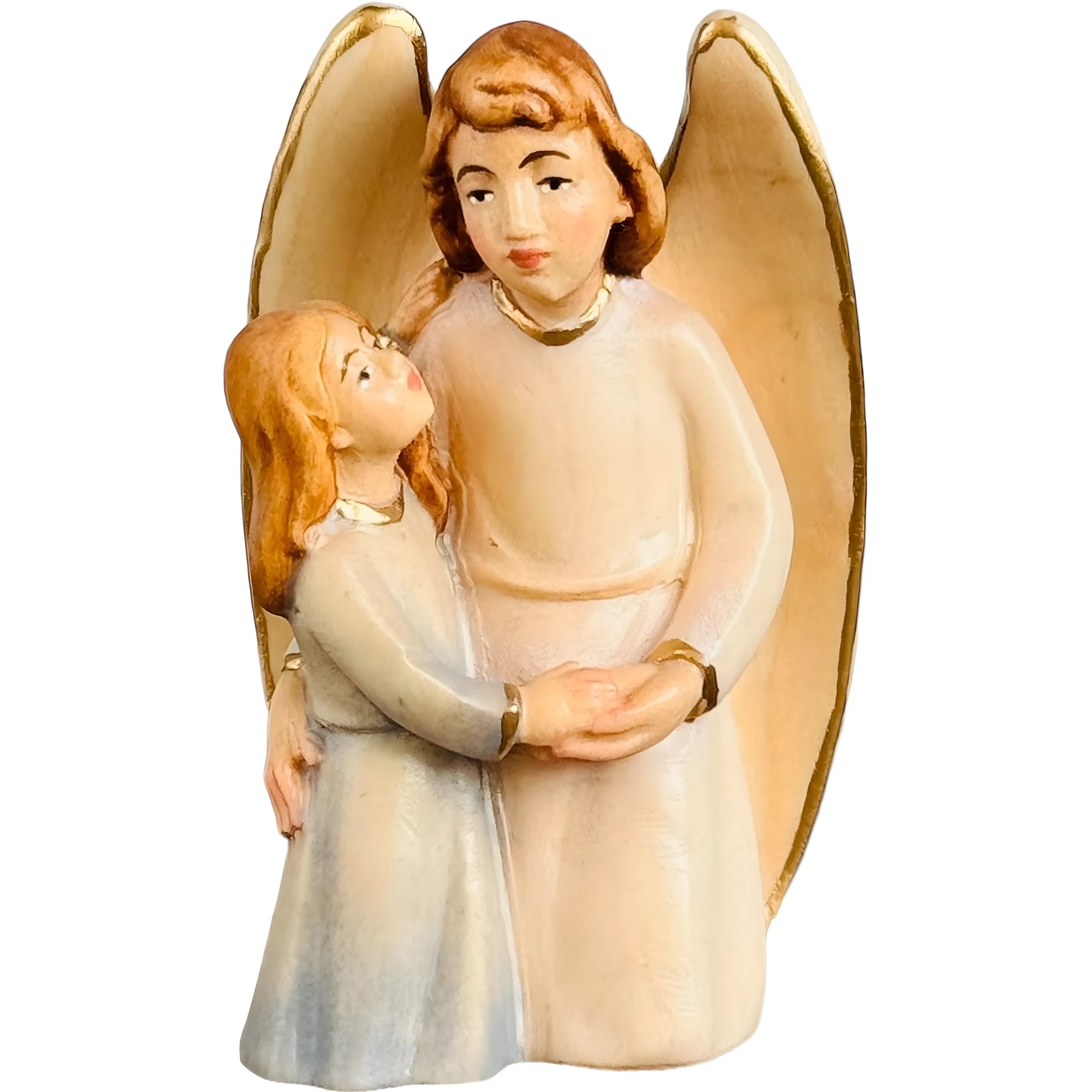 Guardian Angel Sculpture with Girl in Val Gardena Maple Wood