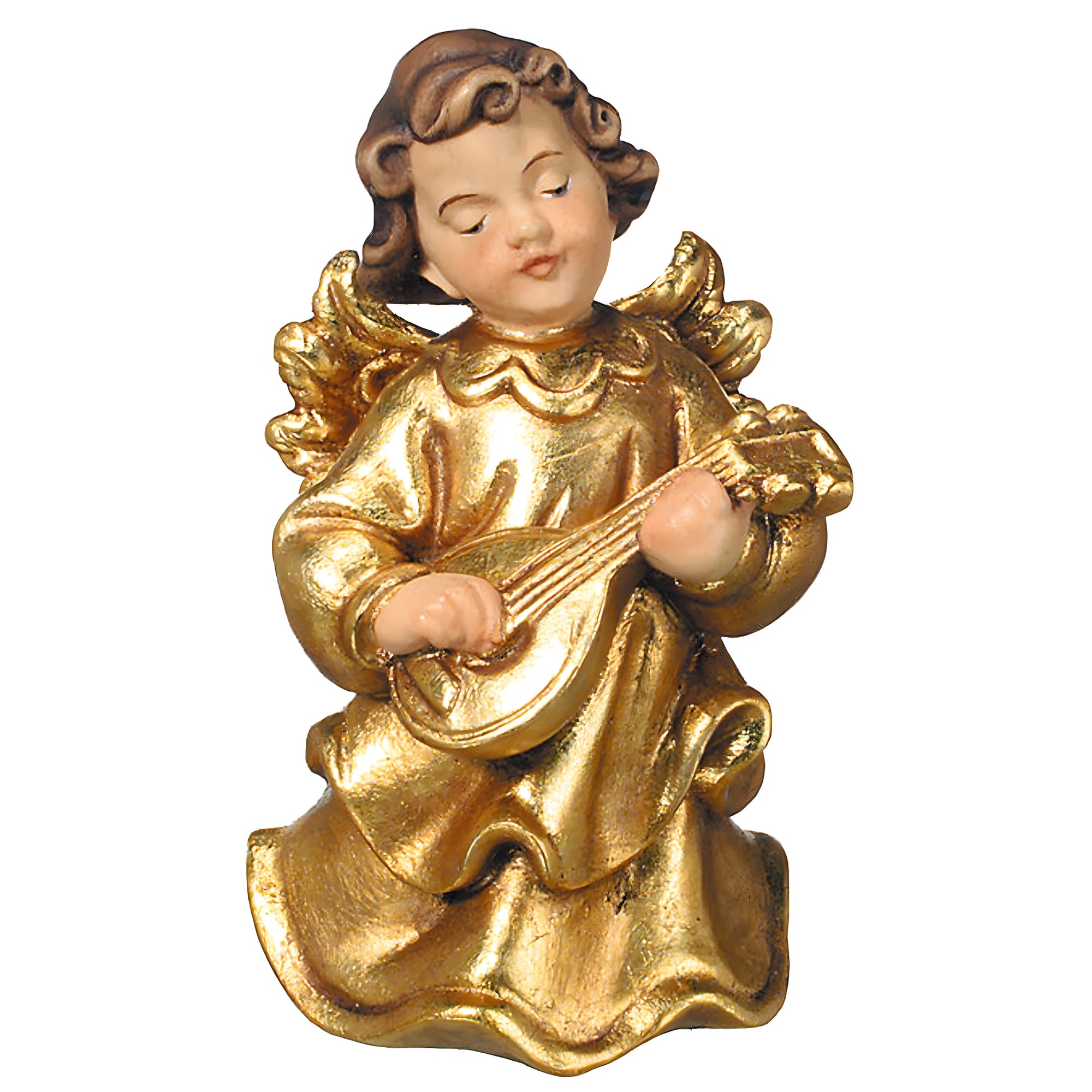 Rzeźba anioła muzyka (Putto) z drewna klonowego, pozłacana
