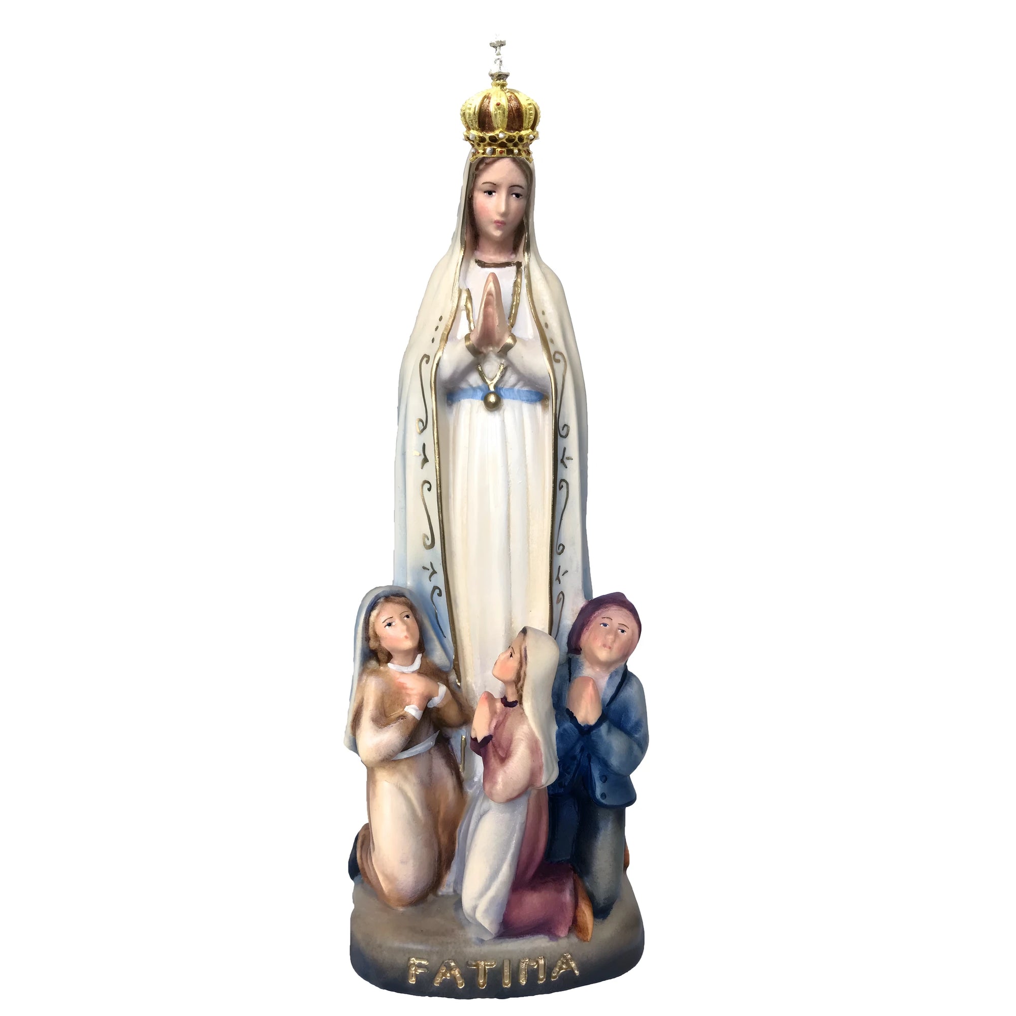 Ręcznie robiona rzeźba drewniana: Objawienie Matki Bożej Fatimskiej z pastuszkami