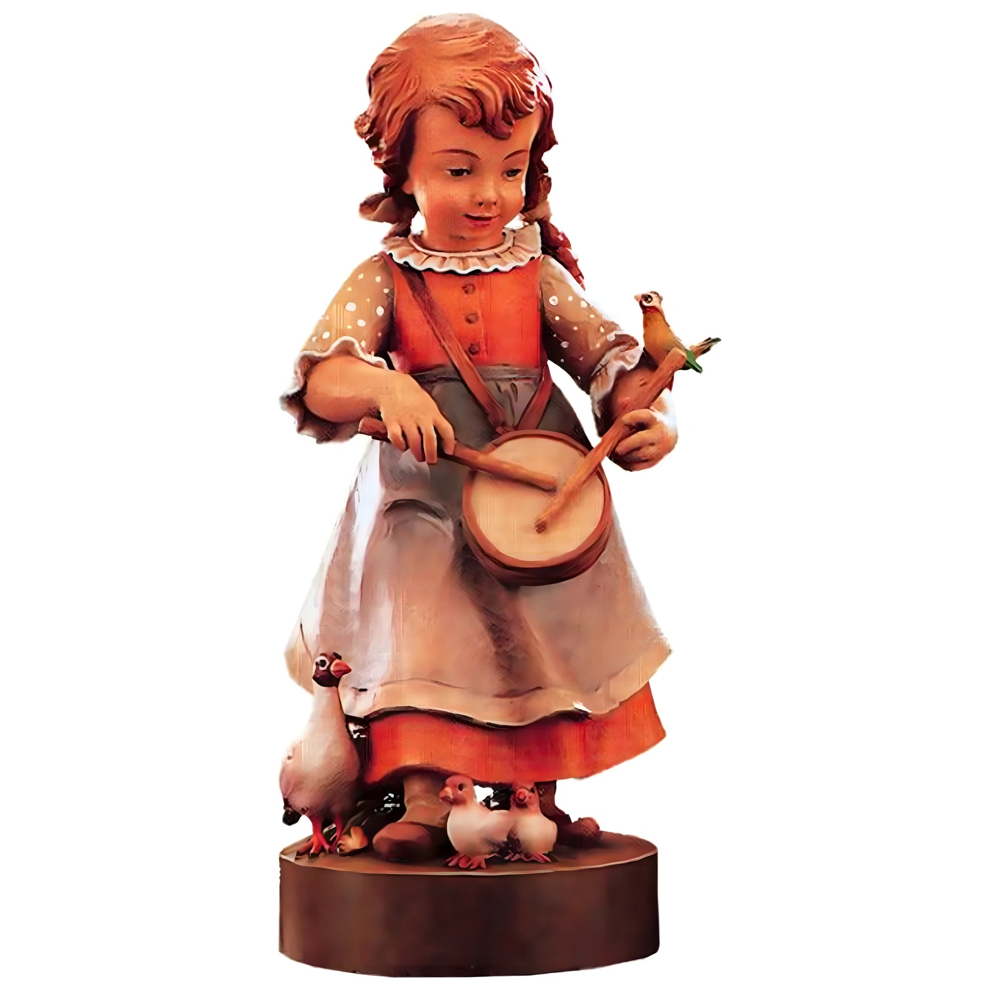 Scultura Bimba con Uccelli e Tamburello in Legno d'Acero