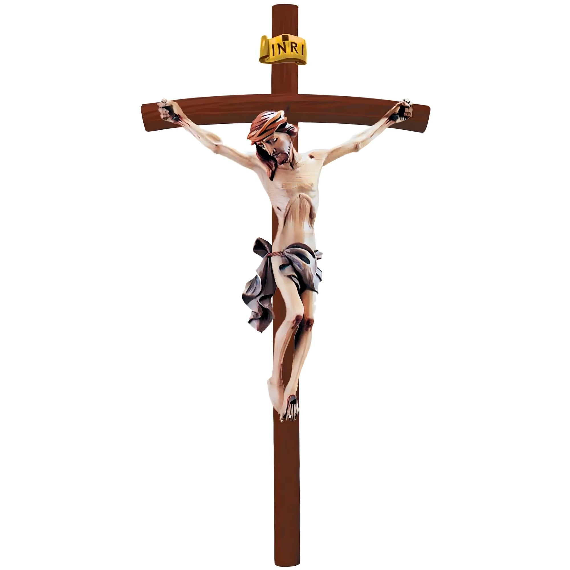 Crucified Christ Sculpture on Curved Cross Made of Val Gardena Wood